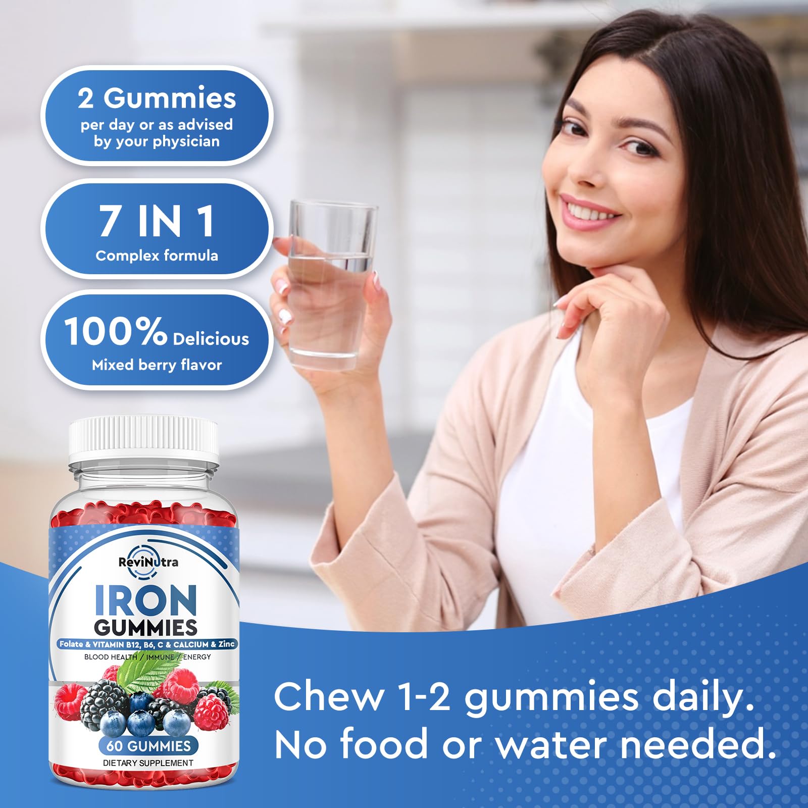 ReviNutra Iron Gummies displayed with daily supplements