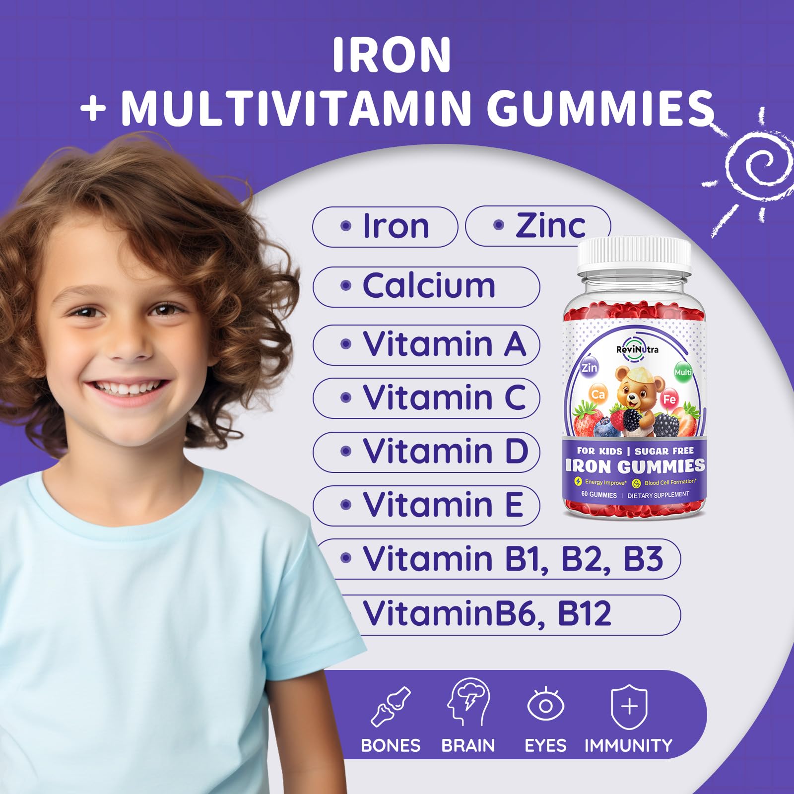 ReviNutra Iron Gummies for Kids back view with nutritional information