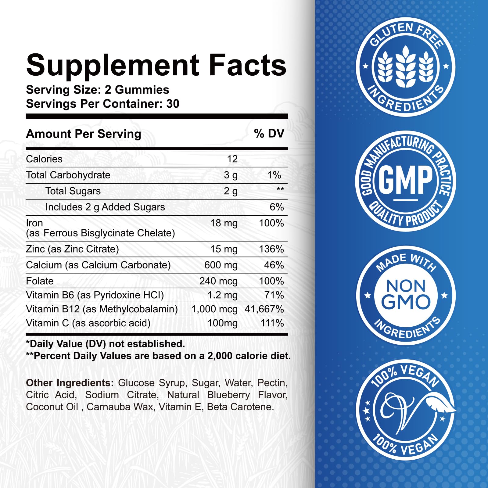 ReviNutra Iron Gummies packaging showing nutritional information