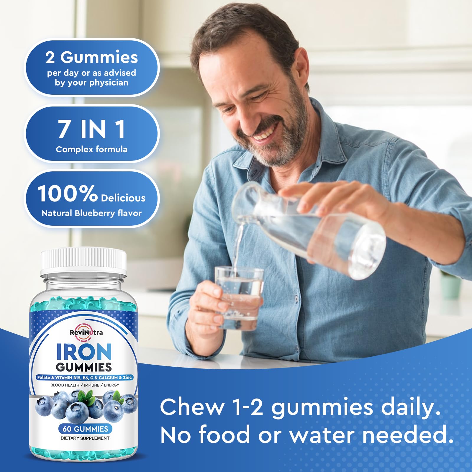 ReviNutra Iron Gummies with assorted vitamins background