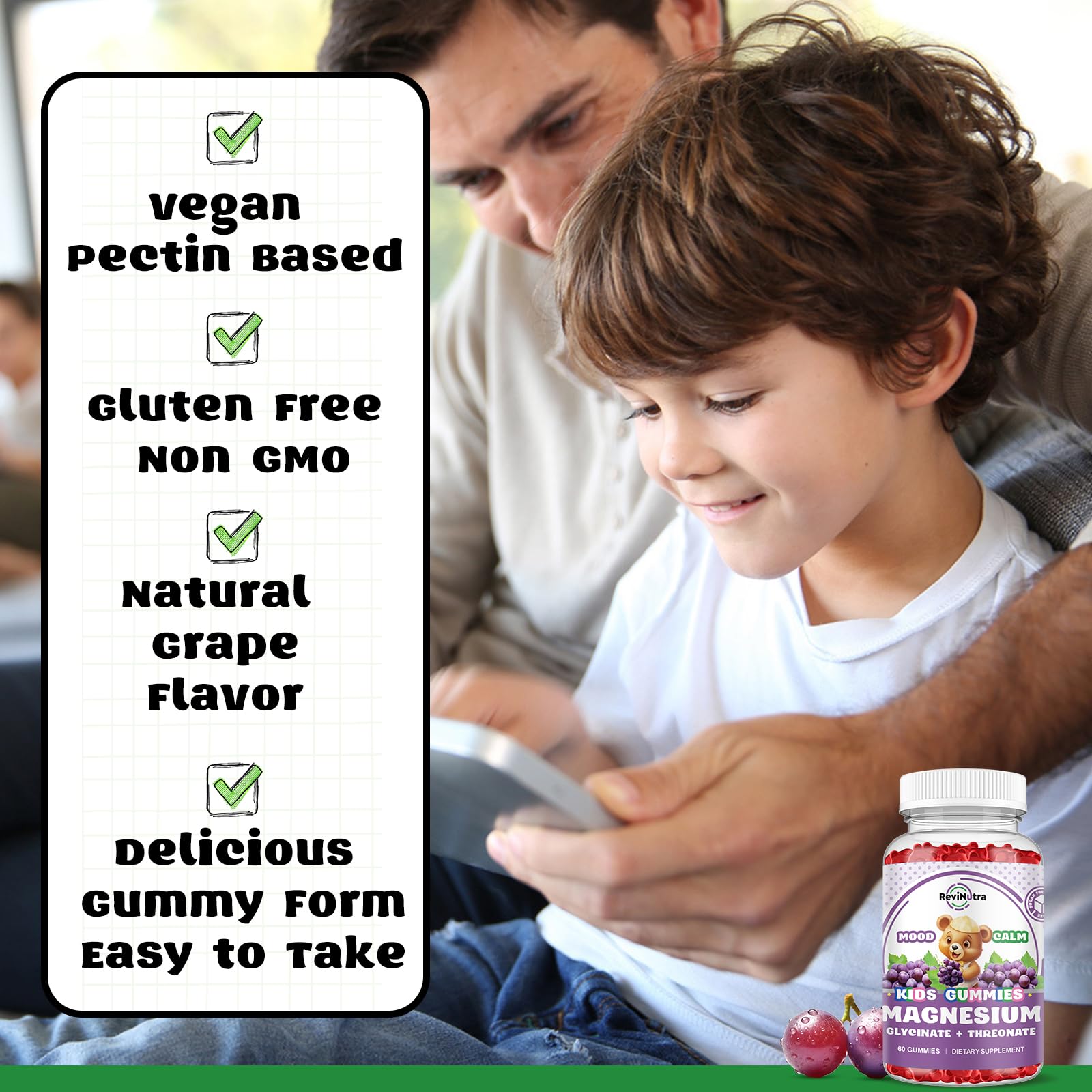 ReviNutra Kids Focus Gummies 200g displayed with a handful of gummies