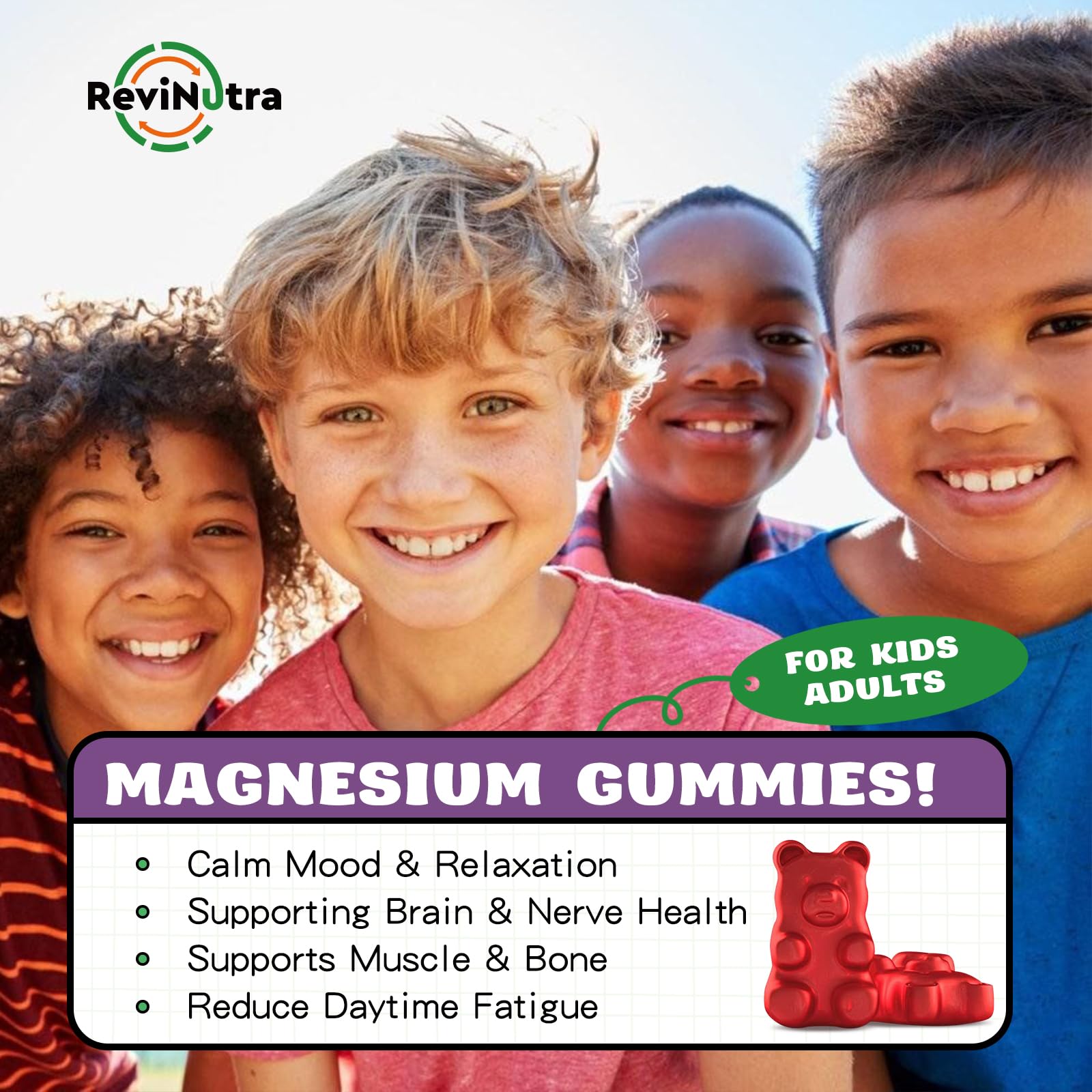 ReviNutra Kids Focus Gummies 200g on a kitchen table with a child