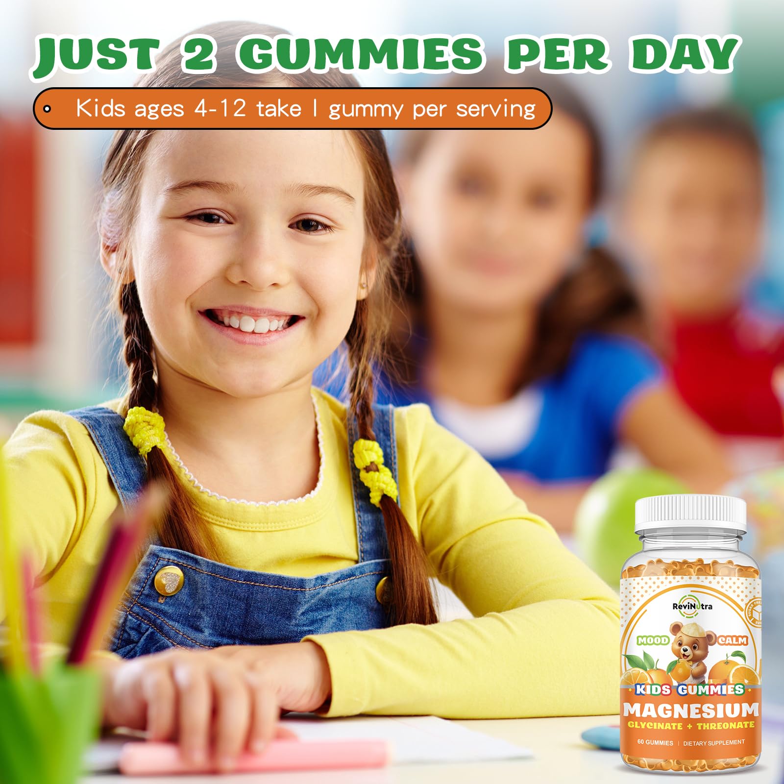 ReviNutra Kids Focus Gummies 200g packaging showing nutritional information