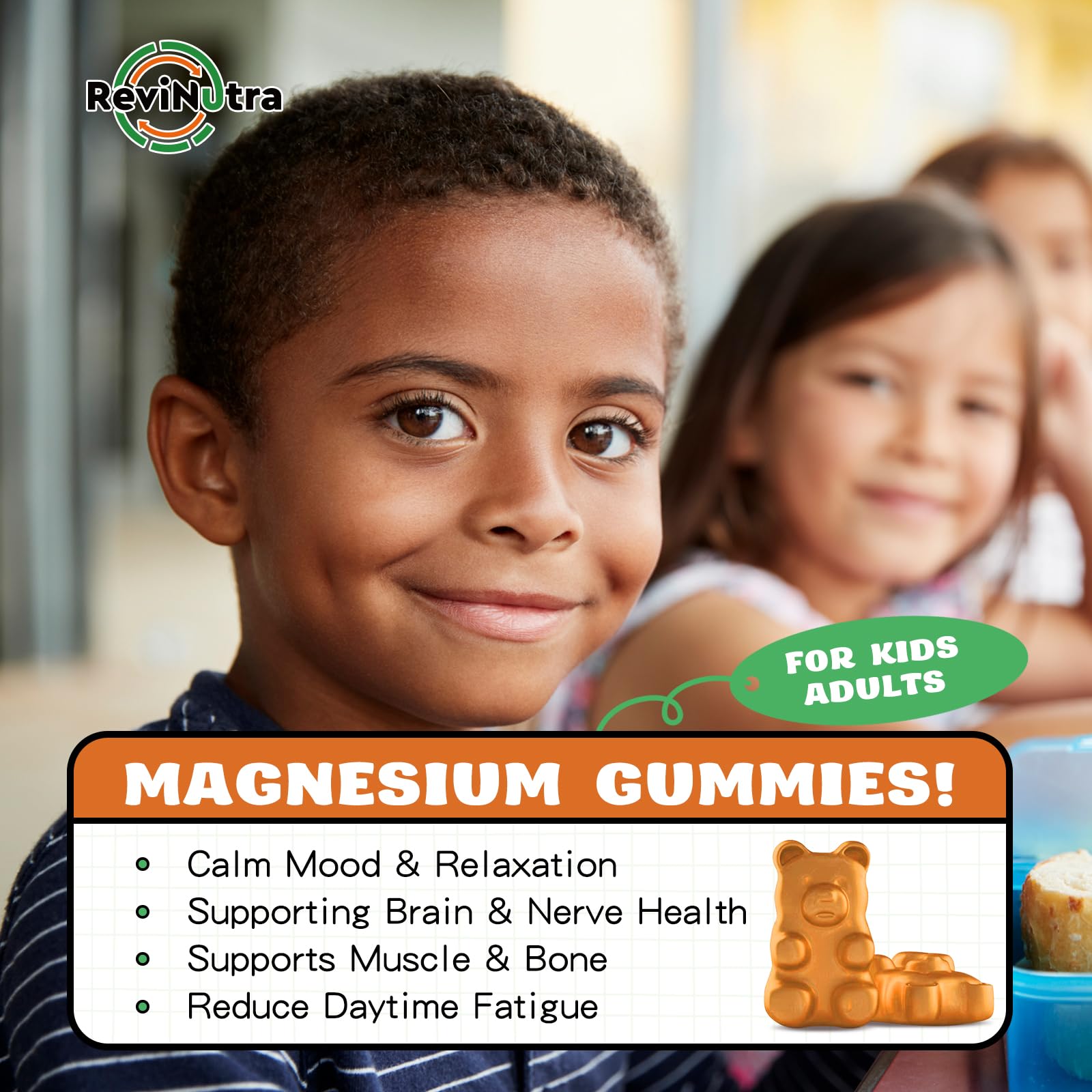 ReviNutra Kids Focus Gummies 200g showing the ingredients list on packaging