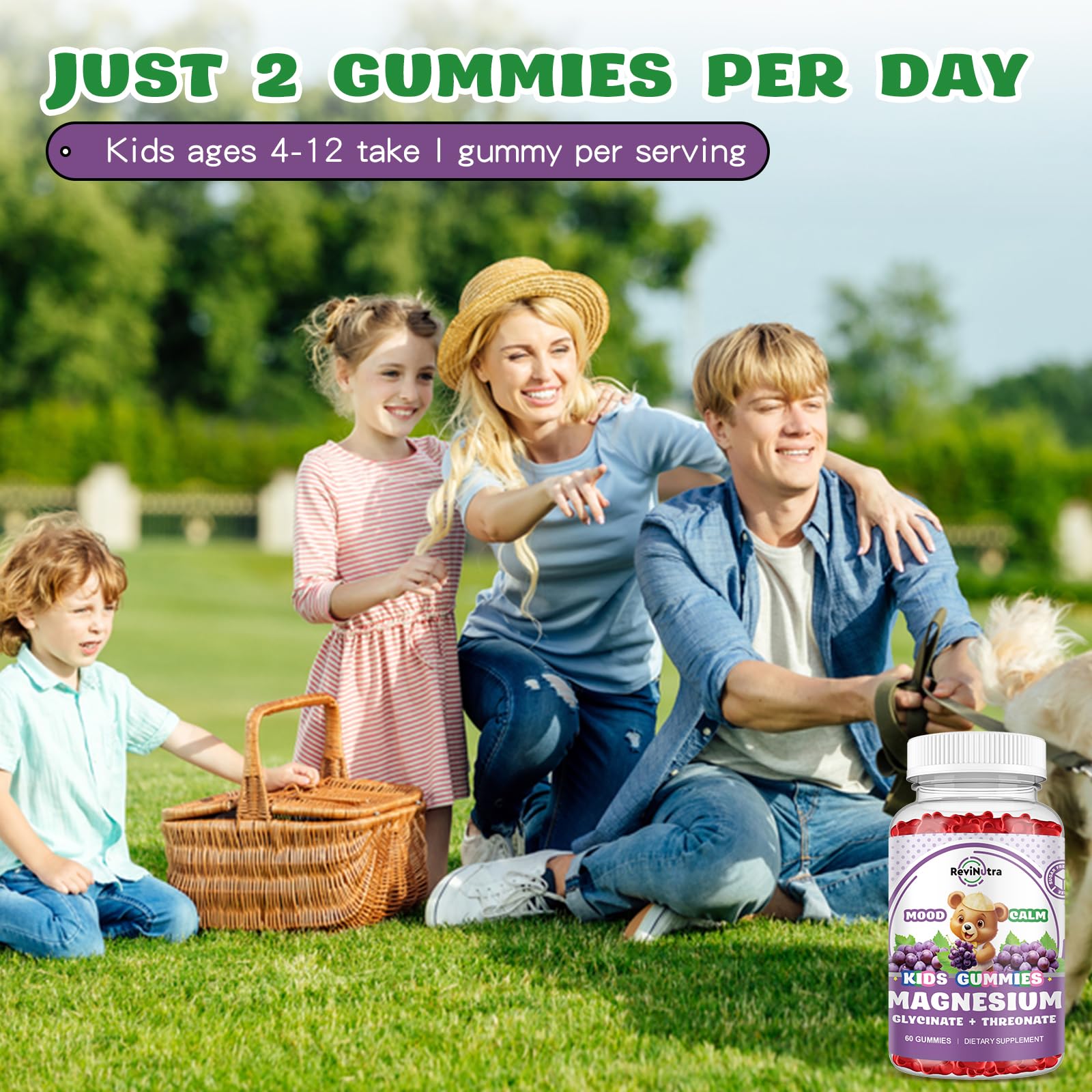 ReviNutra Kids Focus Gummies 200g side view showing nutritional information