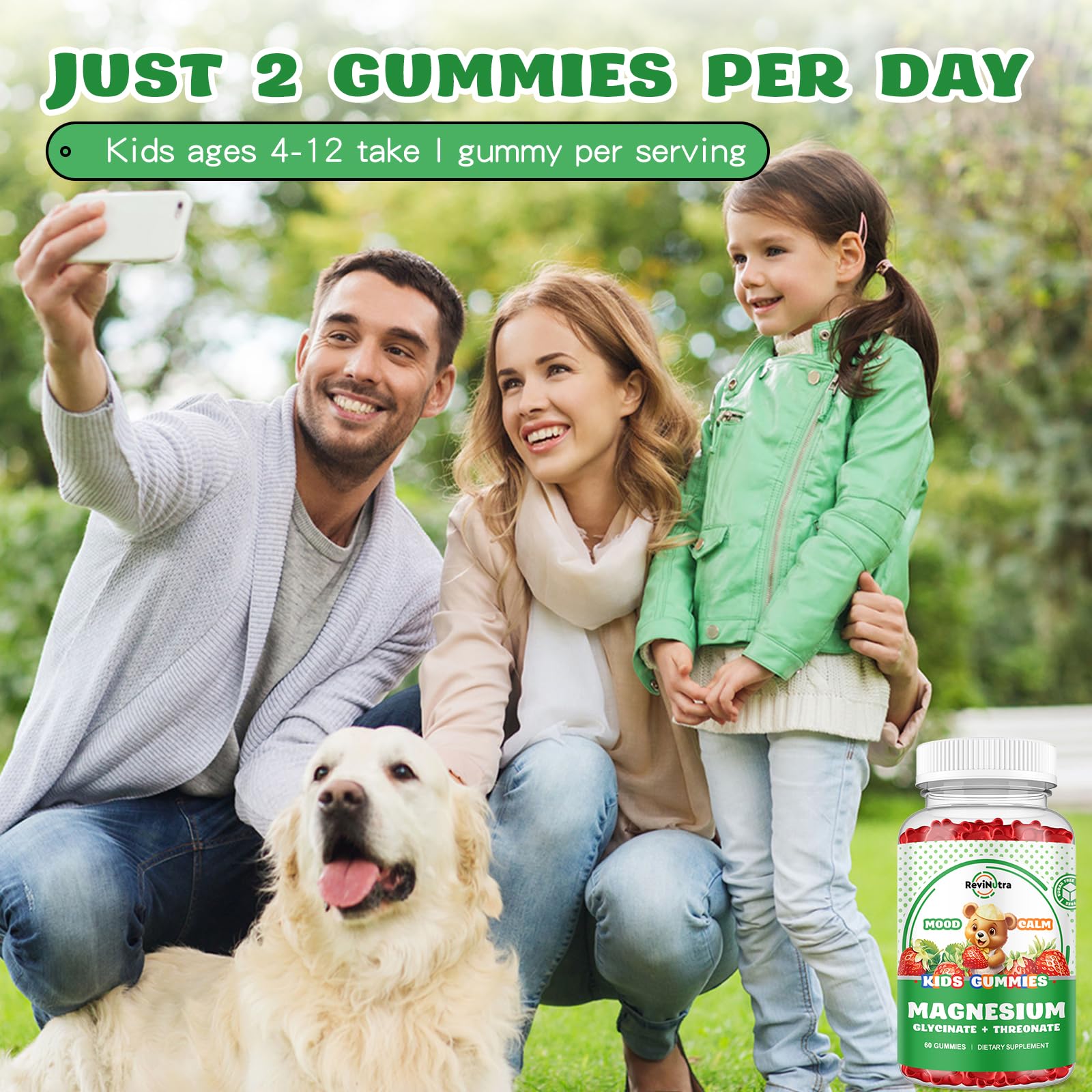 ReviNutra Kids Focus Gummies 222g with a child holding a gummy