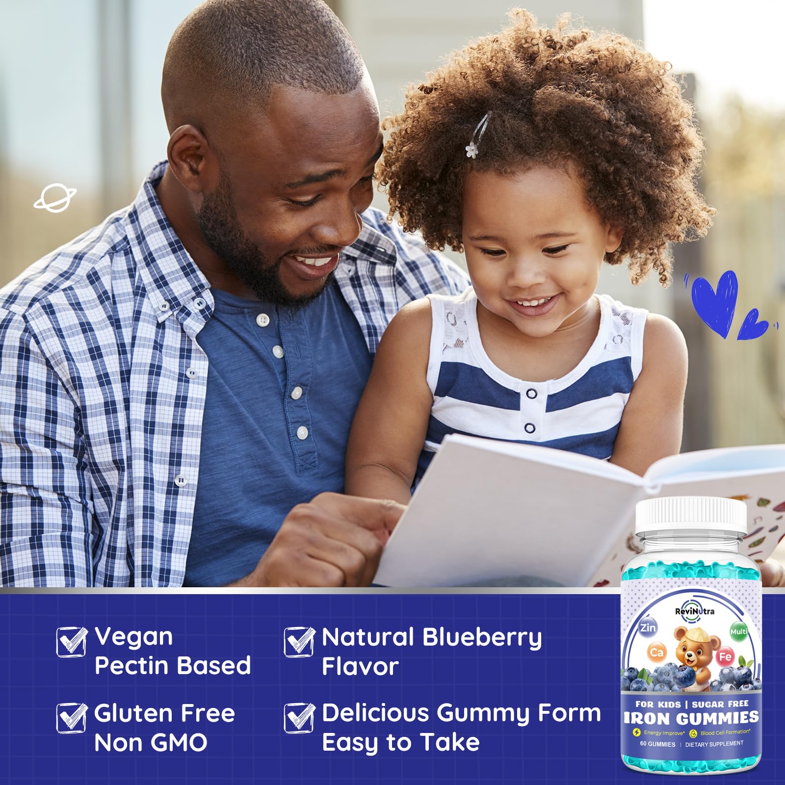 ReviNutra Kids Iron Gummies with a child smiling