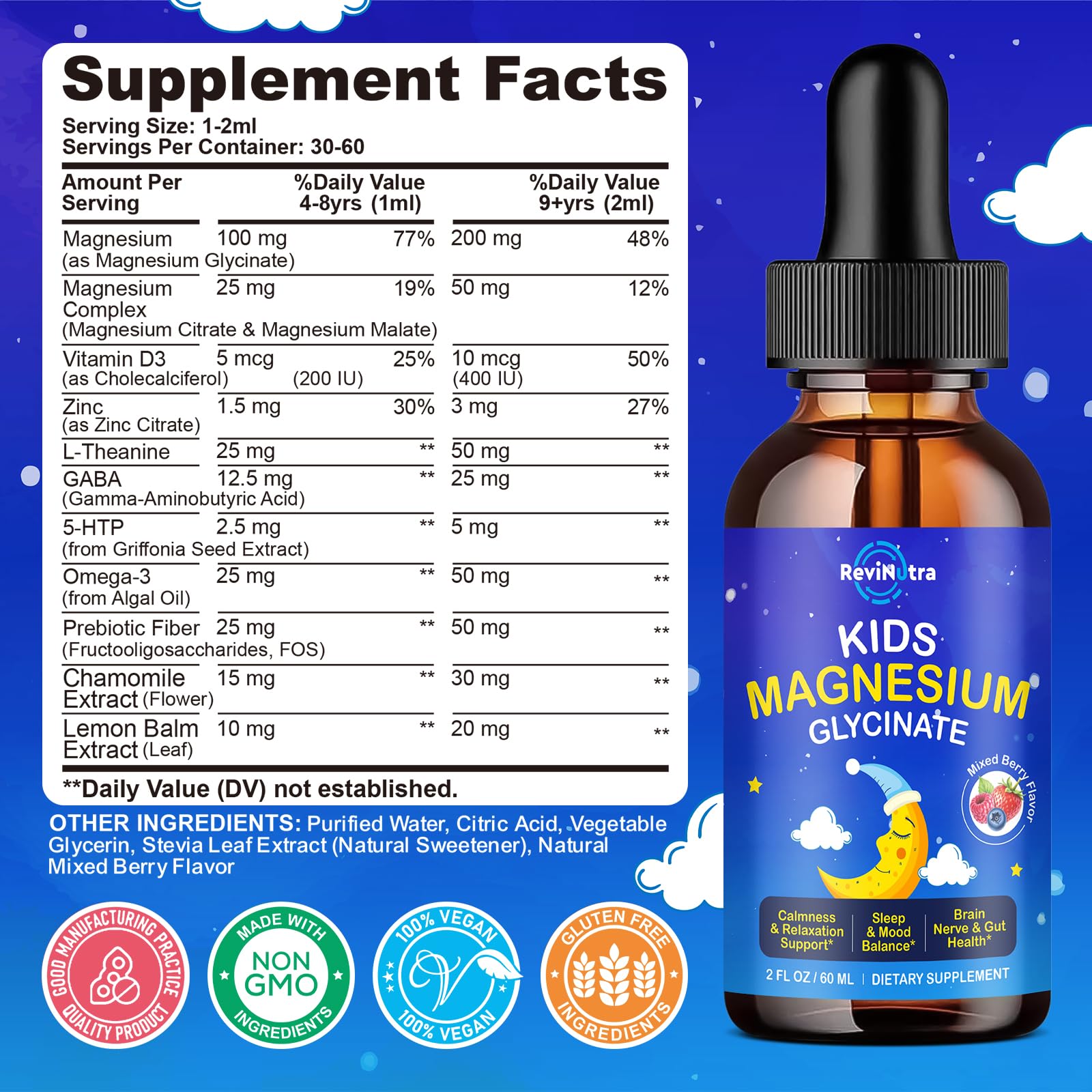 ReviNutra Kids Magnesium Glycinate Liquid bottle back view with label