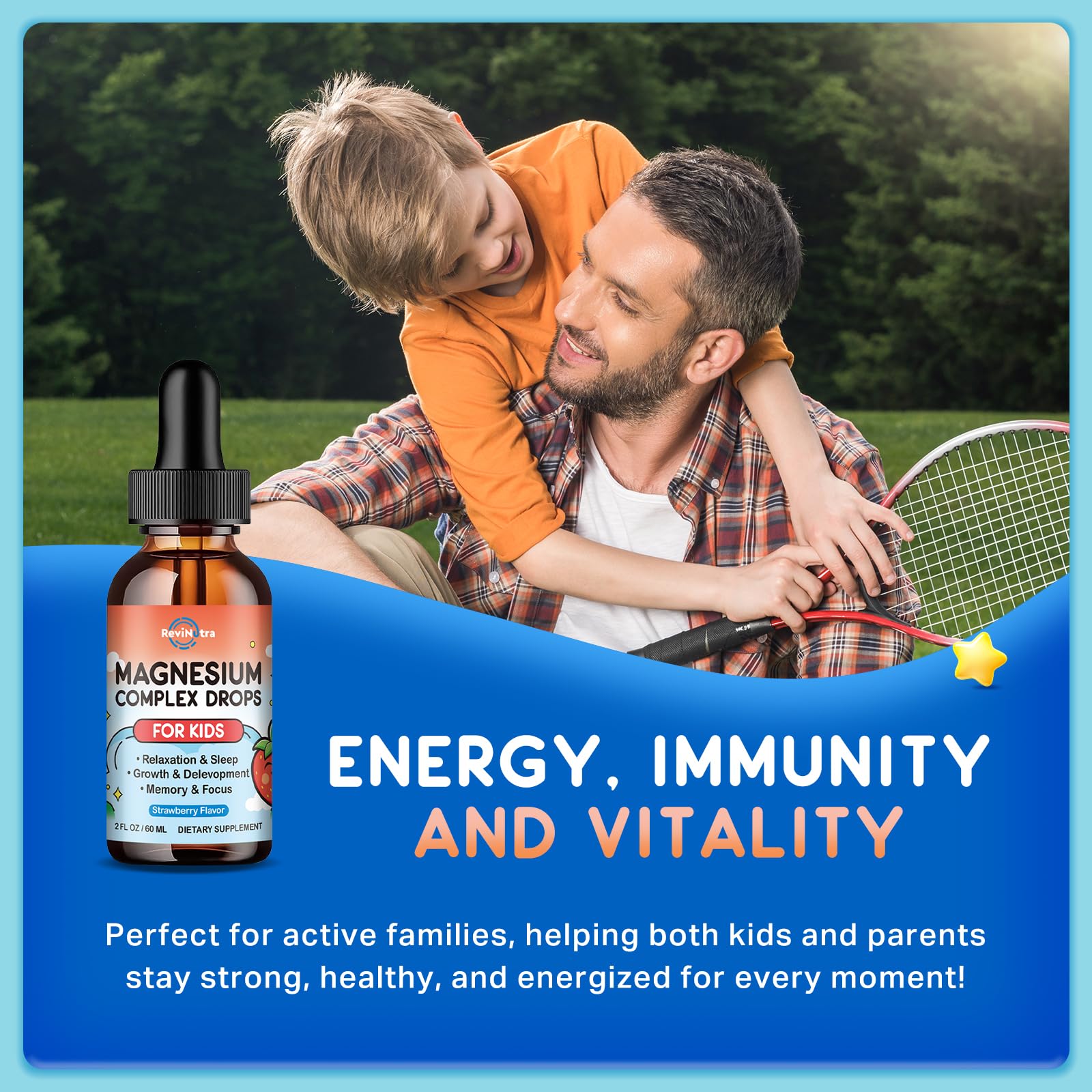 ReviNutra Kids Magnesium Glycinate Liquid Supplement on a kitchen counter
