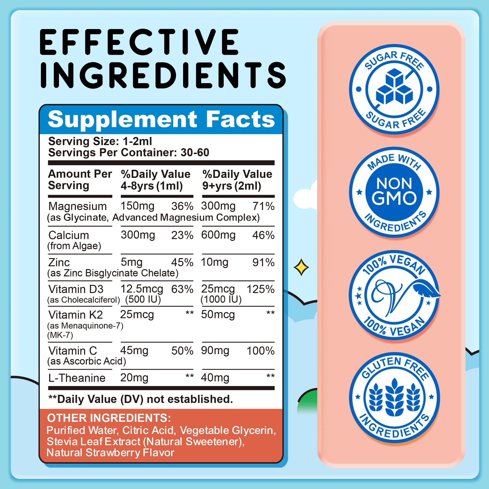 ReviNutra Kids Magnesium Glycinate Liquid Supplement with fresh strawberries