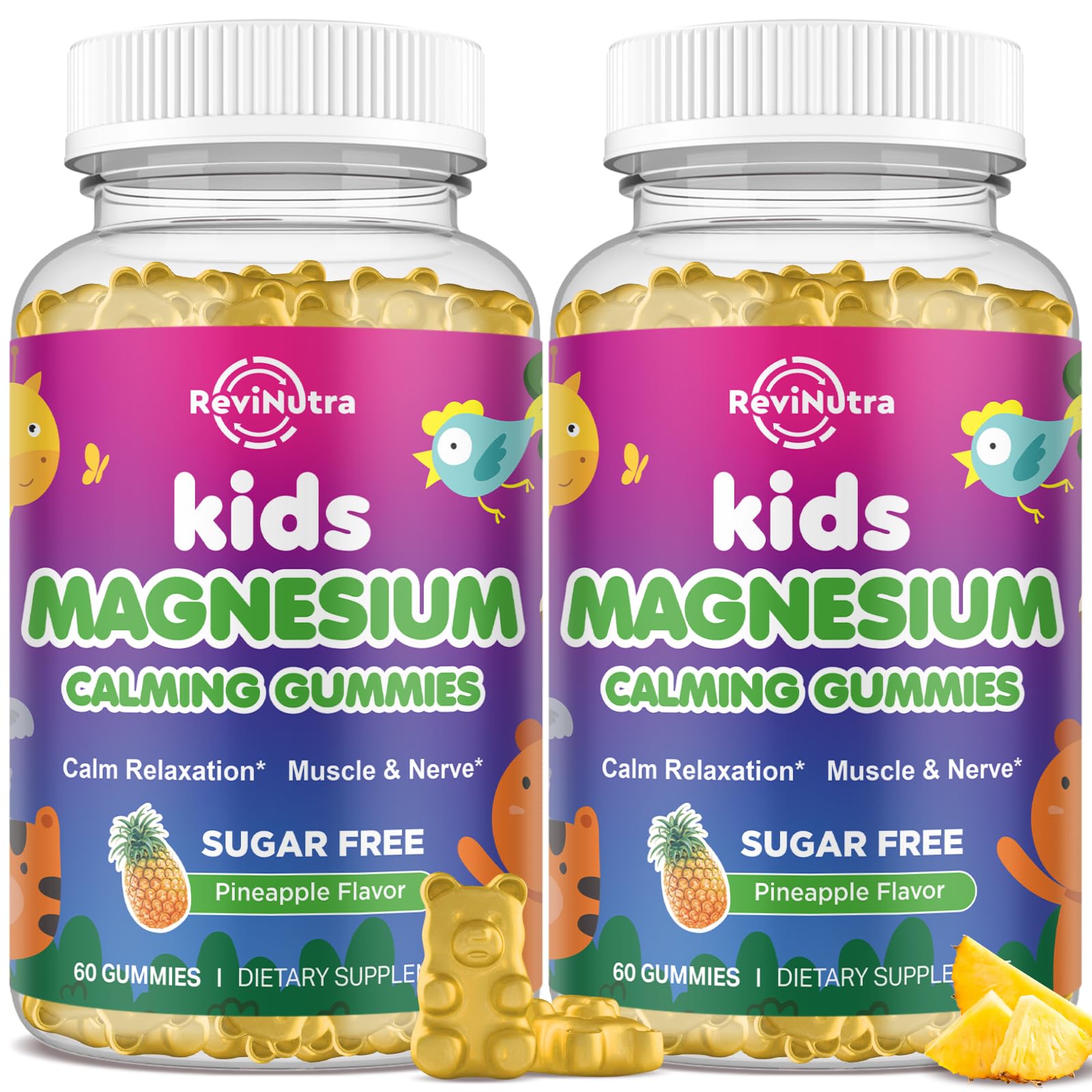 ReviNutra Kids Magnesium Gummies front view, pineapple flavour
