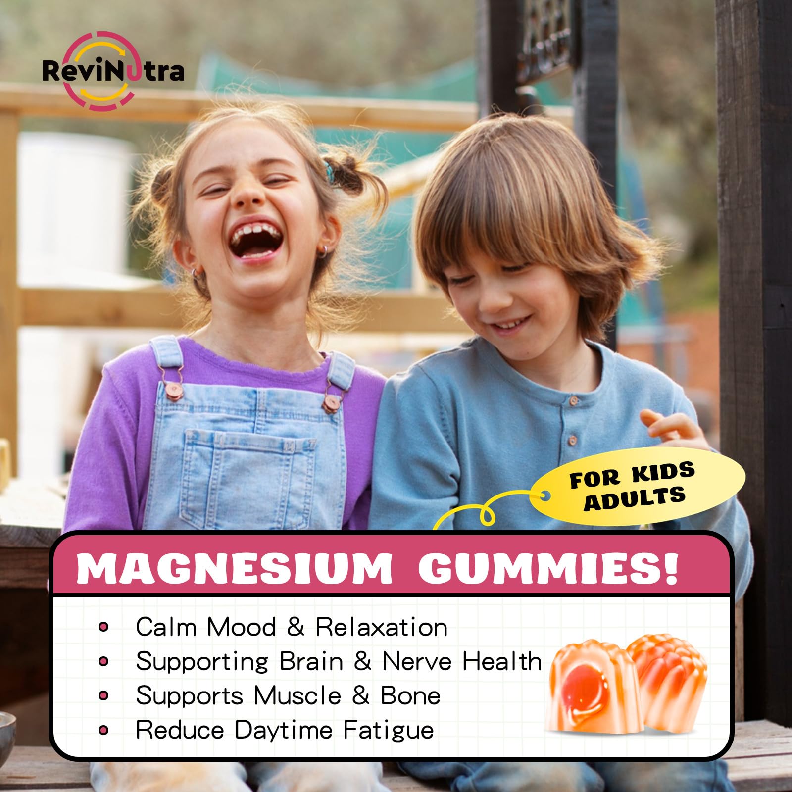 ReviNutra Kids Magnesium Gummies showing nutritional information