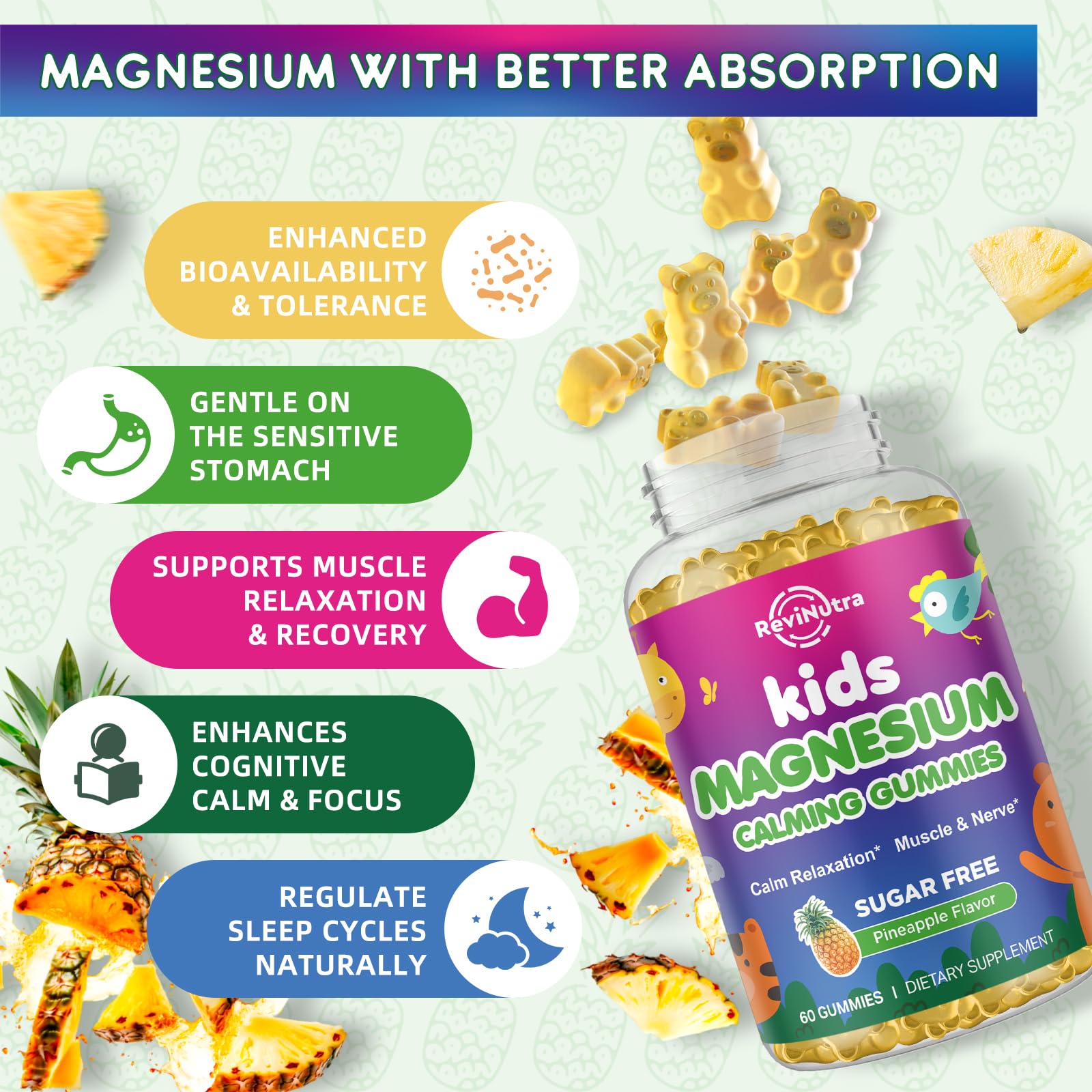 ReviNutra Kids Magnesium Gummies, two gummies on a table