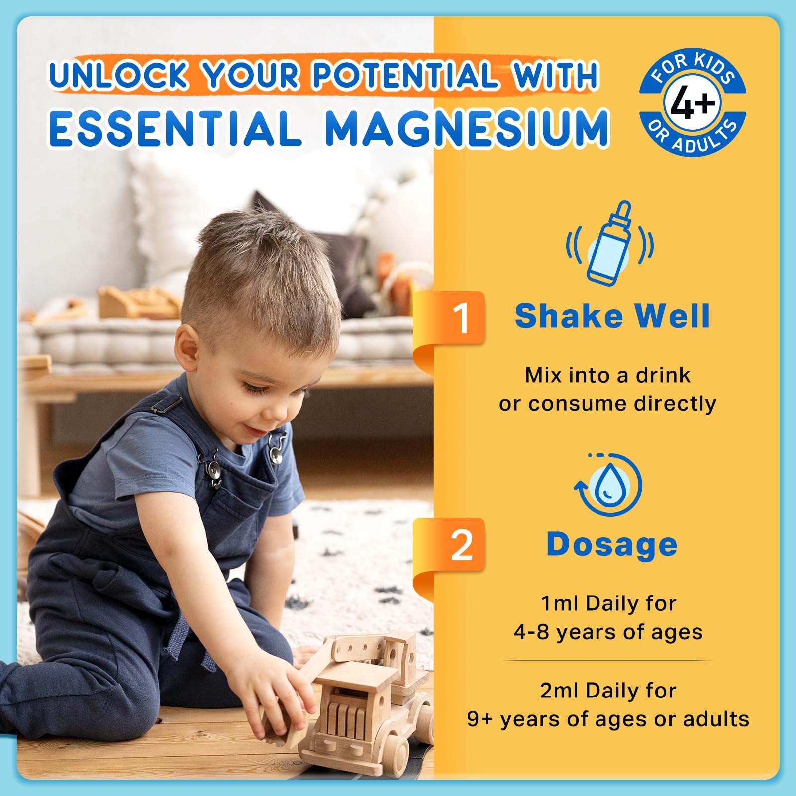 ReviNutra Kids Magnesium Liquid Drops bottle with a measuring spoon