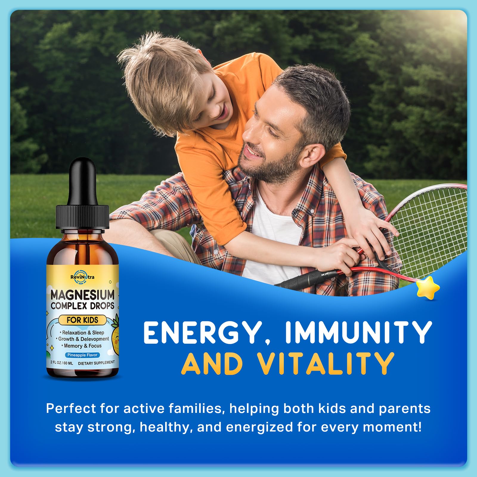 ReviNutra Kids Magnesium Liquid Drops lifestyle scene with kids