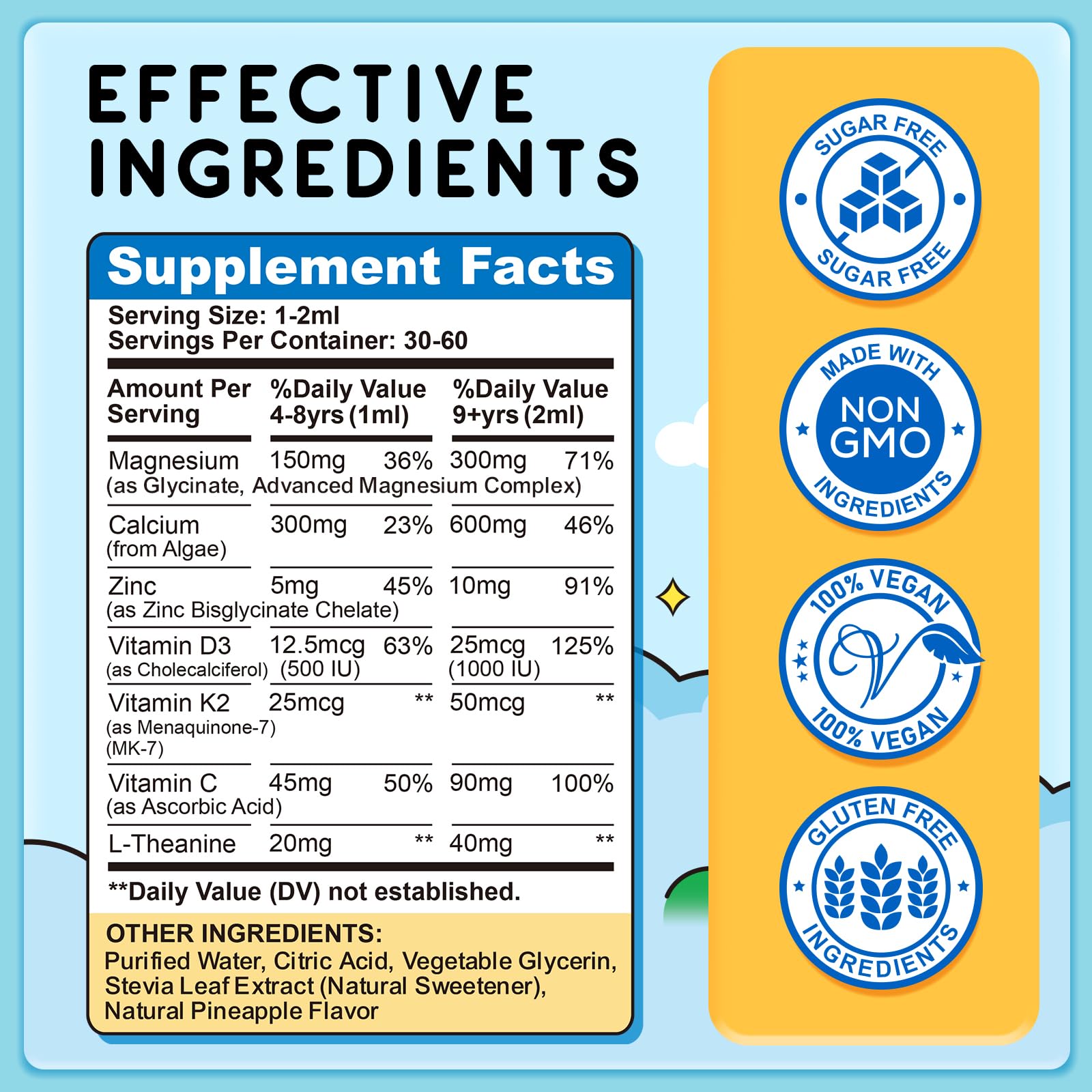 ReviNutra Kids Magnesium Liquid Drops nutritional information on the back