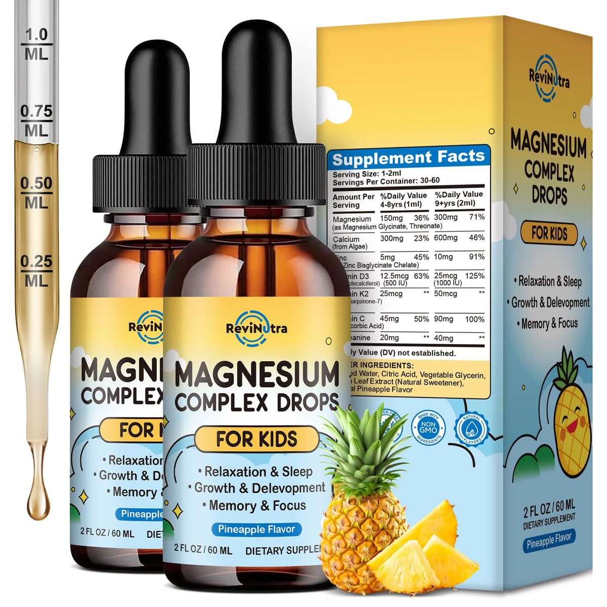ReviNutra Kids Magnesium Liquid Drops pineapple flavour front view