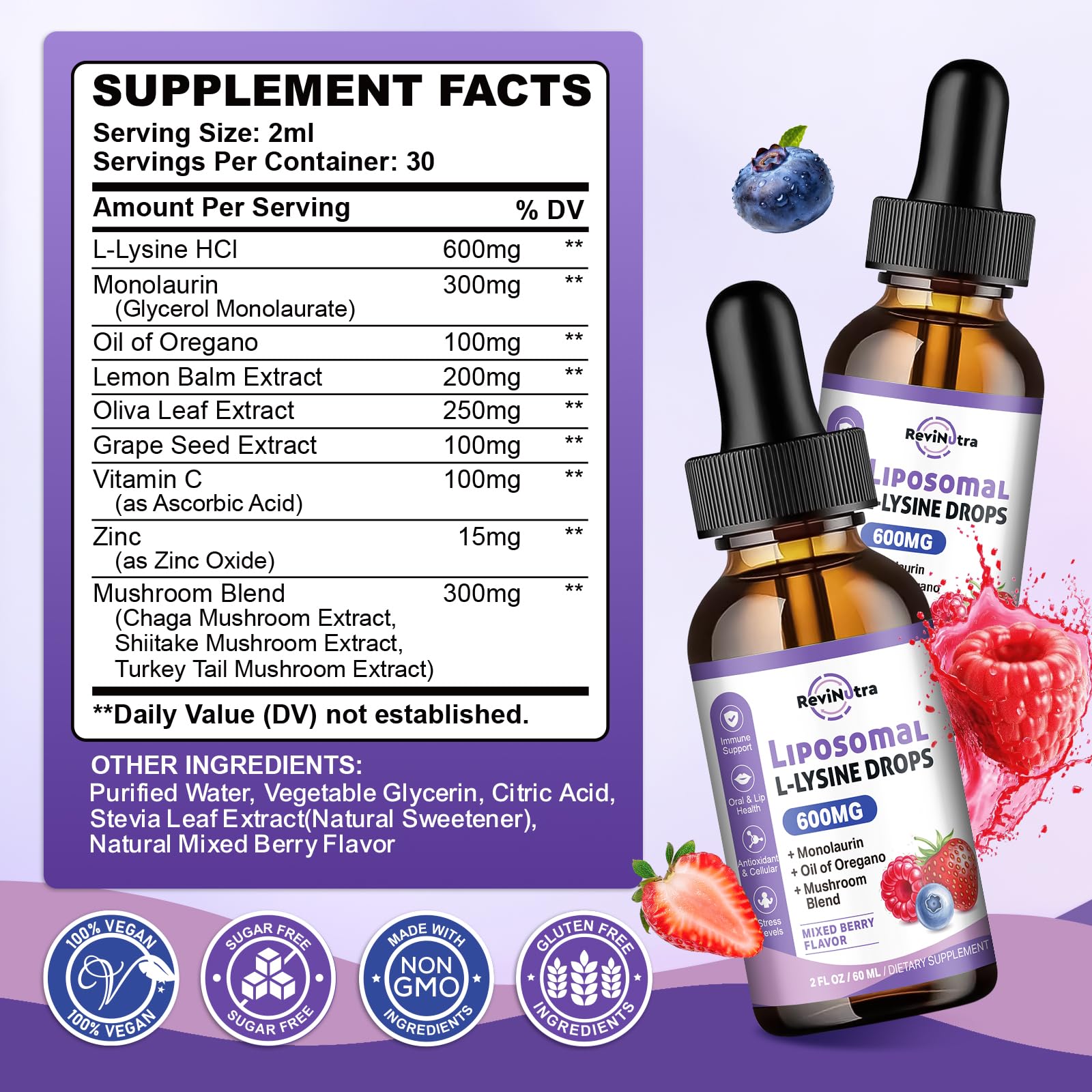ReviNutra L-Lysine Liquid Drops 159g with fresh berries