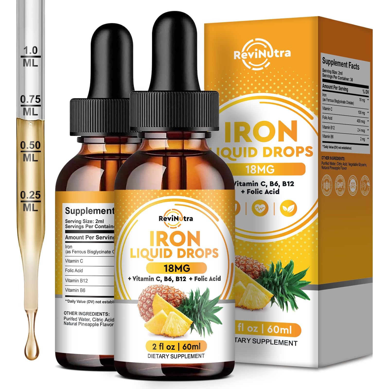ReviNutra Liquid Iron Drops front view with pineapple flavour