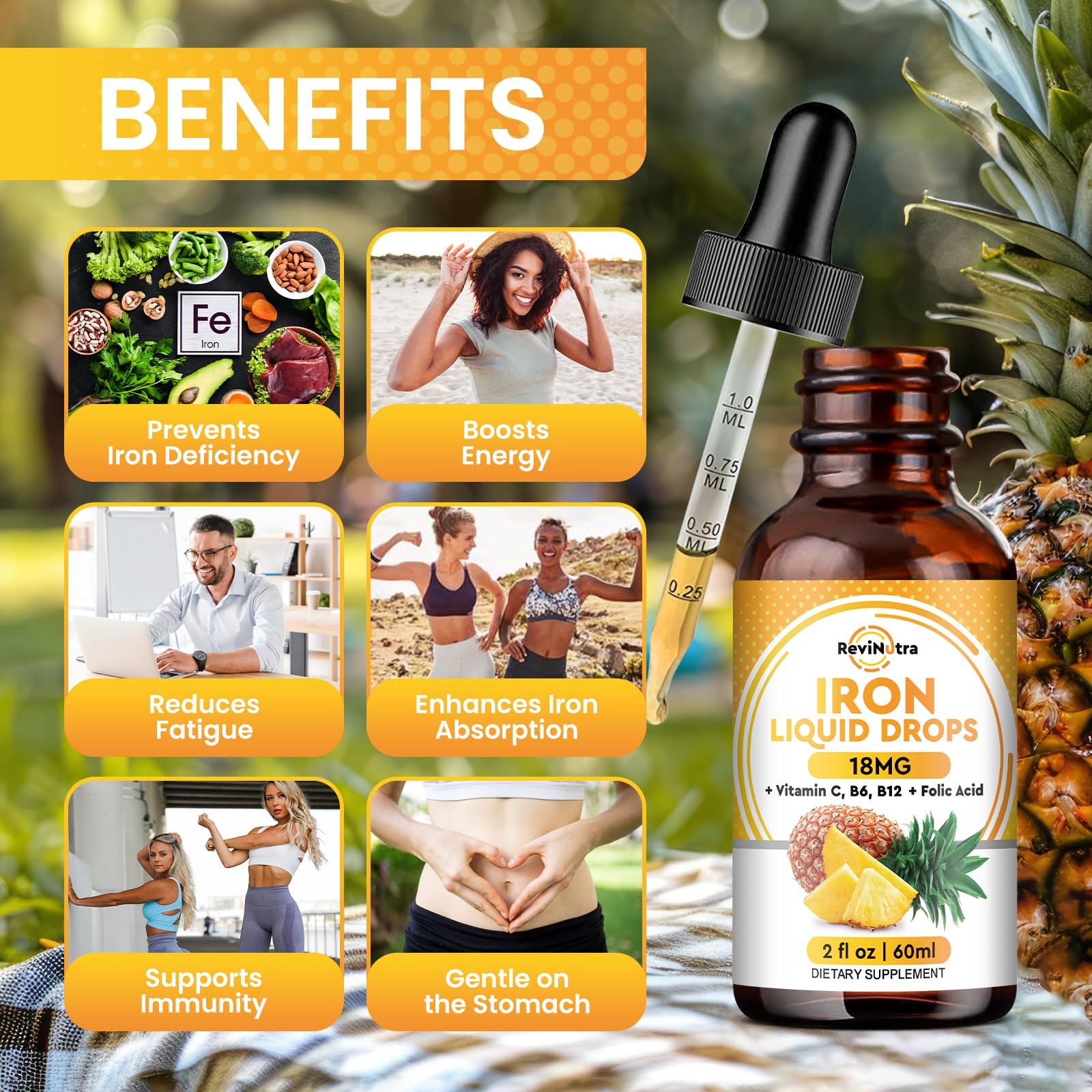 ReviNutra Liquid Iron Drops packaging with nutritional information