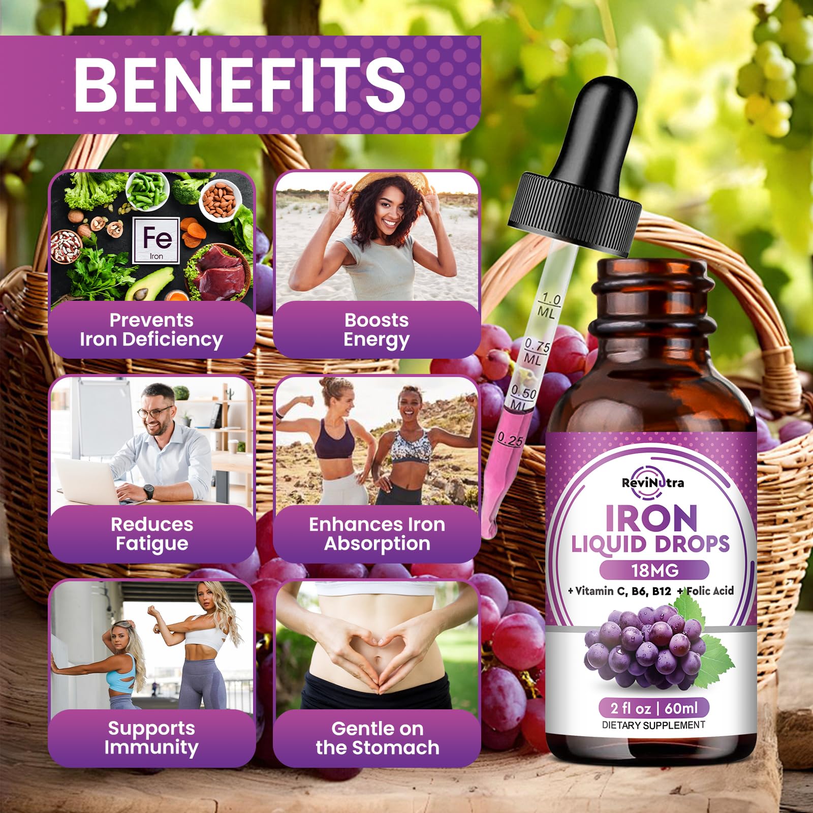 ReviNutra Liquid Iron Supplement bottle back view showing ingredients