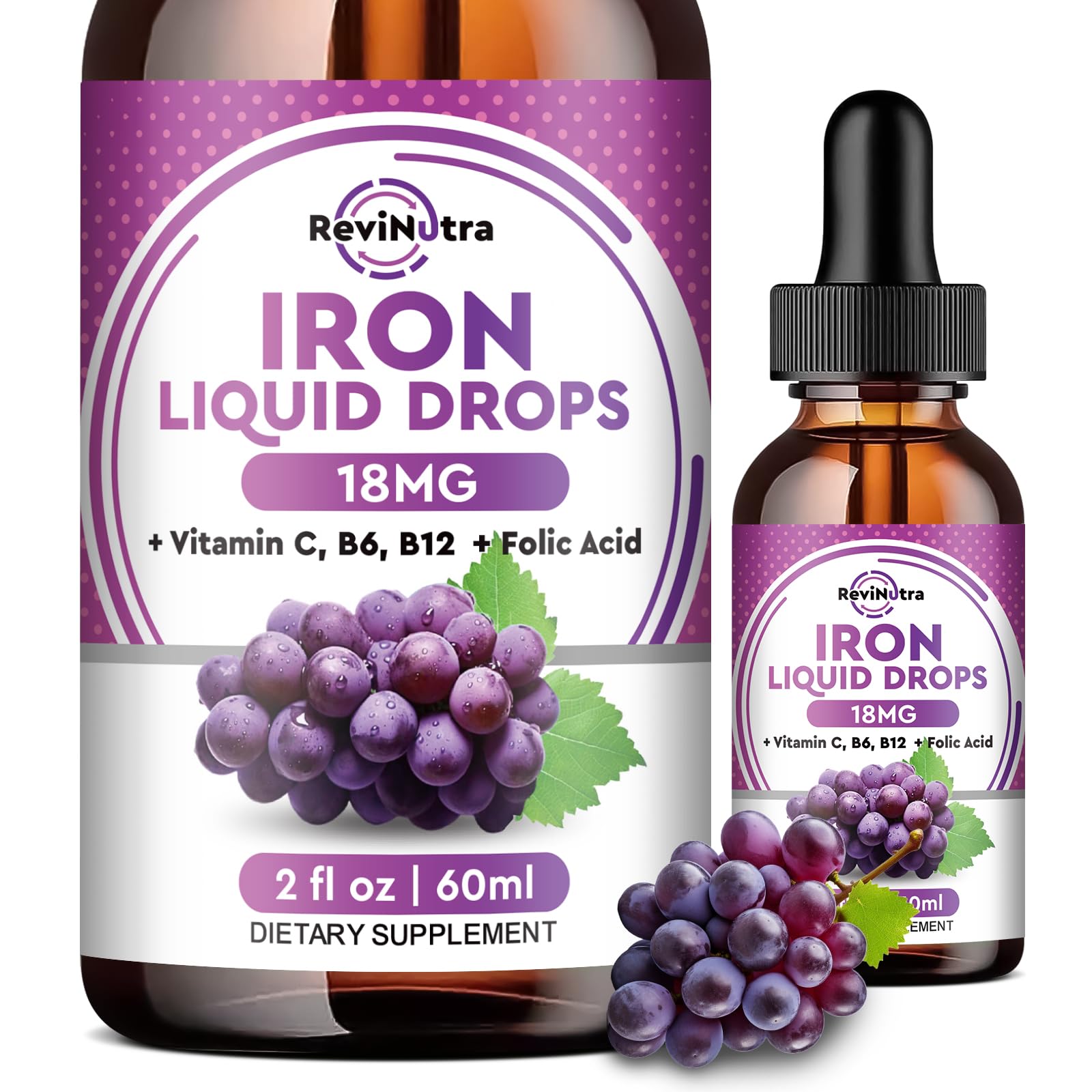 ReviNutra Liquid Iron Supplement bottle front view with grape flavour