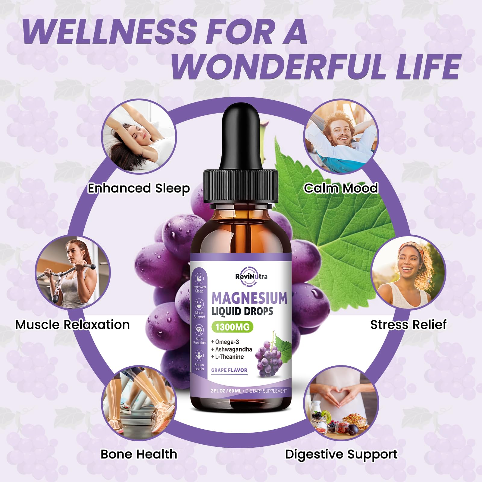 ReviNutra Magnesium Drops 1300mg grape flavour bottle side view