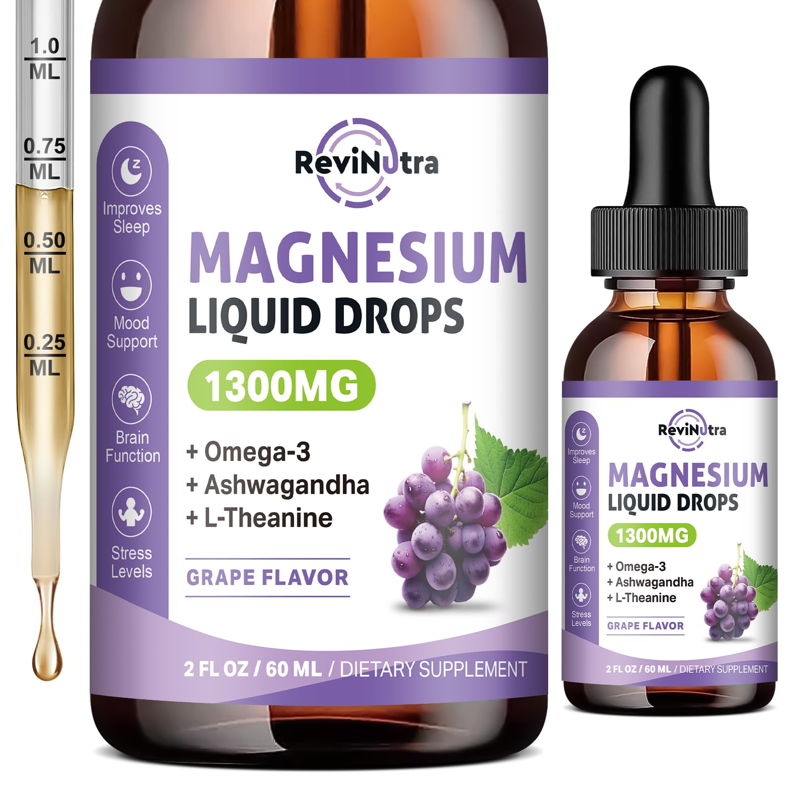 ReviNutra Magnesium Drops 1300mg grape flavour front view