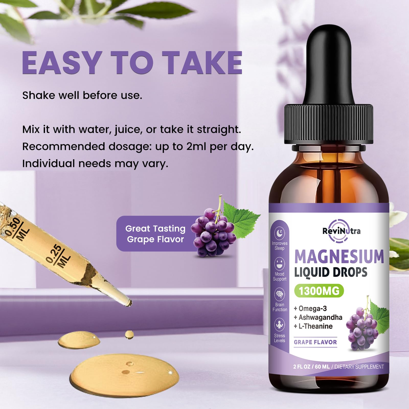 ReviNutra Magnesium Drops 1300mg grape flavour on a kitchen counter