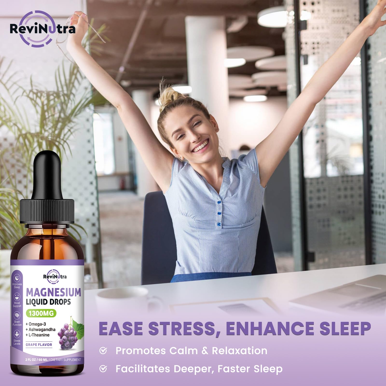 ReviNutra Magnesium Drops 1300mg grape flavour with measuring dropper