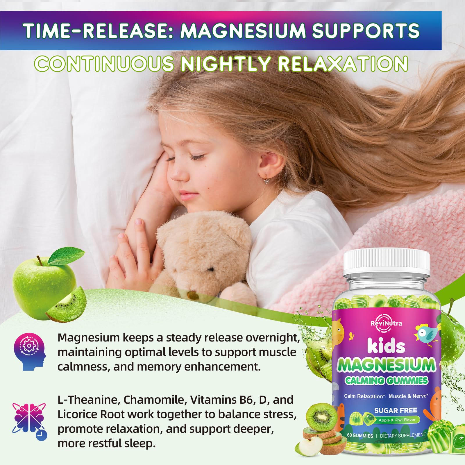 ReviNutra Magnesium Gummies in a bowl with fresh fruits