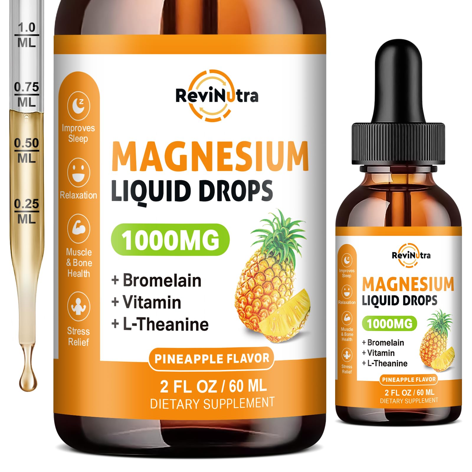 ReviNutra Magnesium Liquid Drops 1000mg front view with pineapple flavour