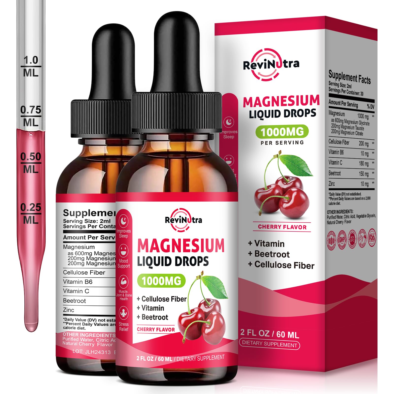 ReviNutra Magnesium Liquid Drops front view with cherry flavour