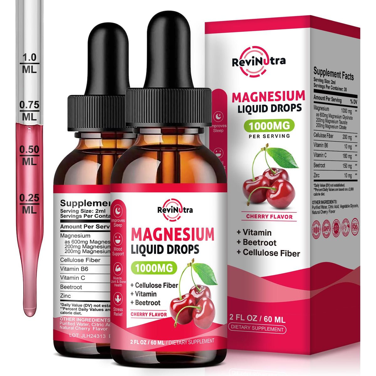 ReviNutra Magnesium Liquid Drops front view with cherry flavour