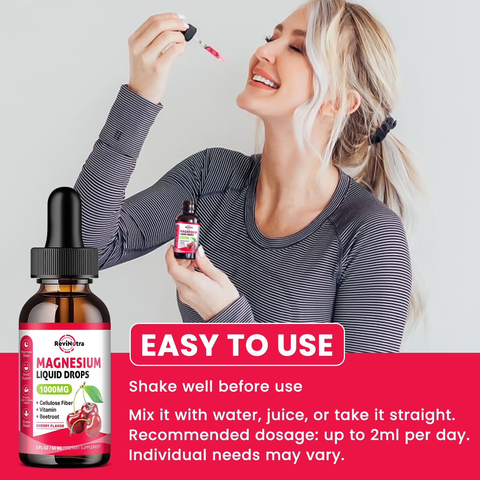 ReviNutra Magnesium Liquid Drops with a measuring spoon