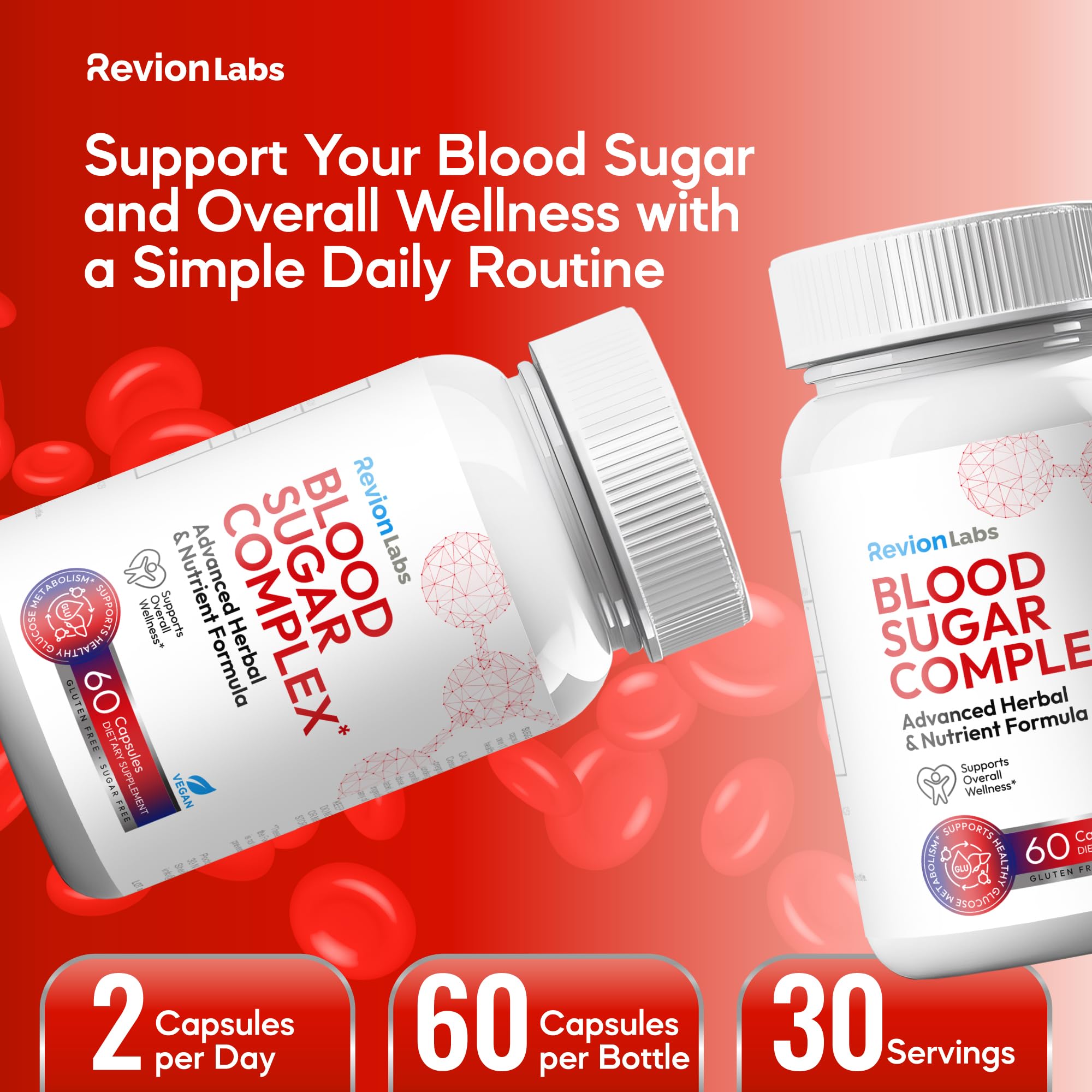 Revion LABS Blood Sugar Complex bottle with a green plant background