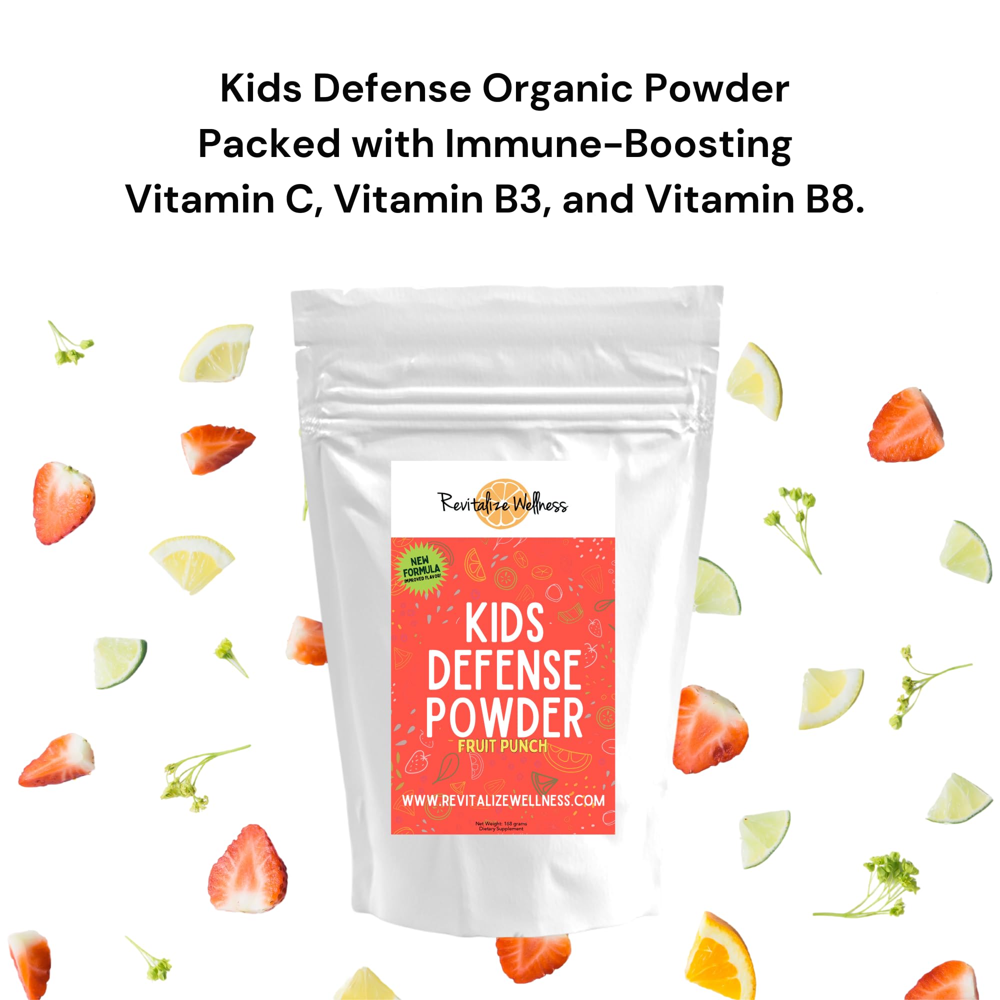 Revitalize Wellness Kid's Defense Powder with smoothie ingredients