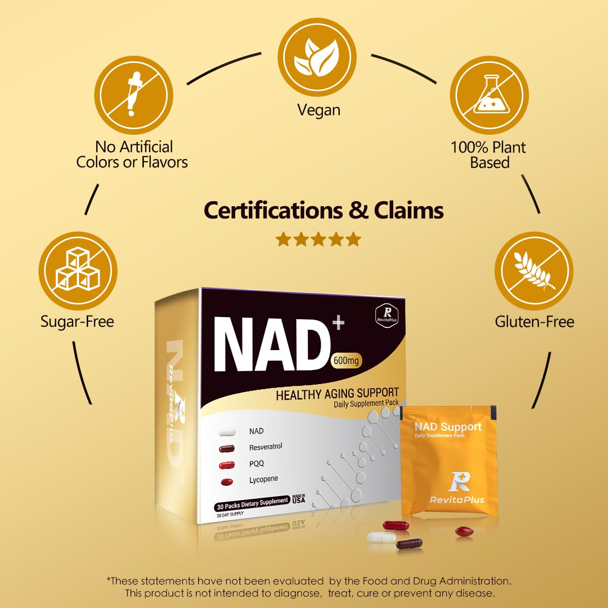 RevitaPlus NAD+ Daily Pack lifestyle image on a wooden table
