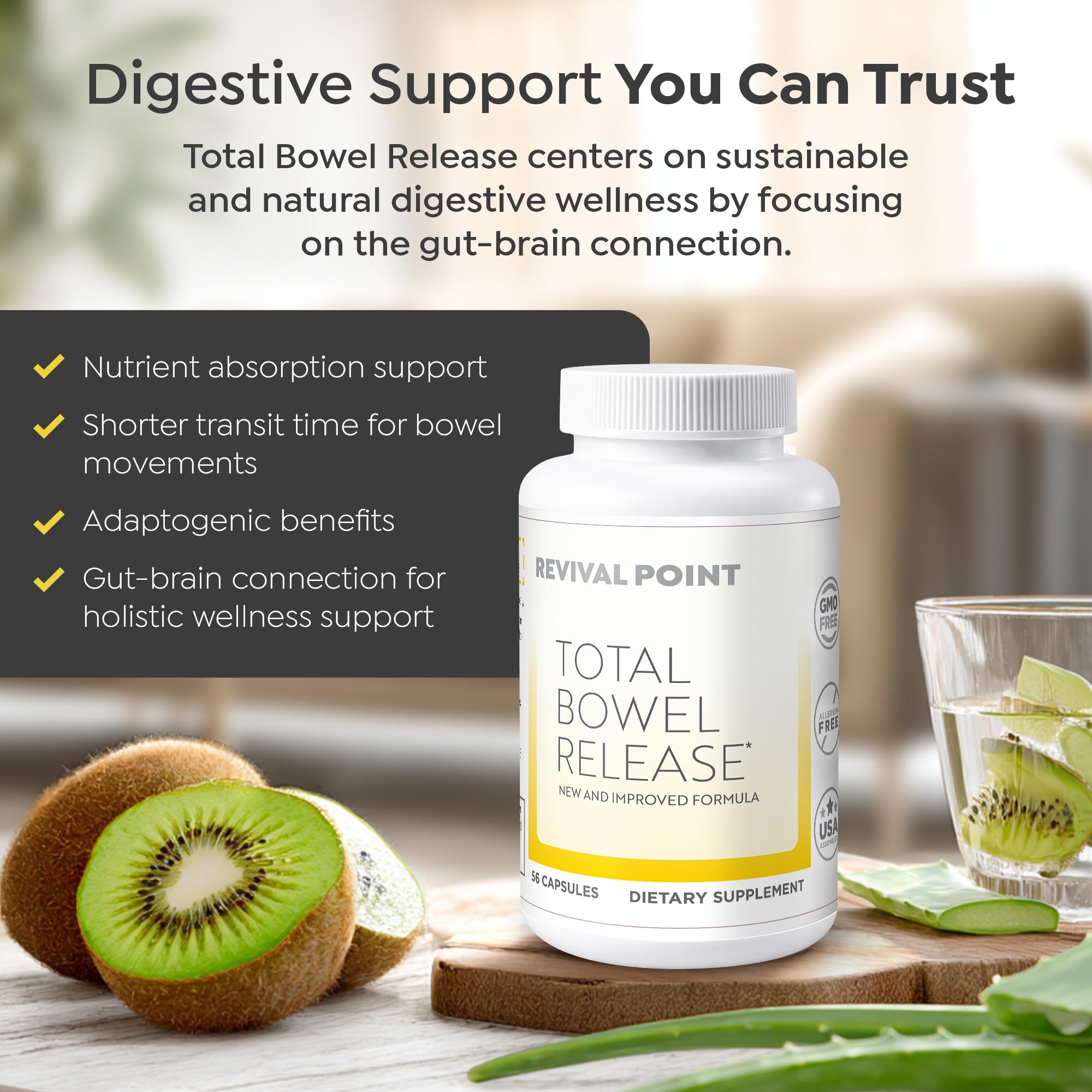 Revival Point Total Bowel Release supplement capsules in a bottle