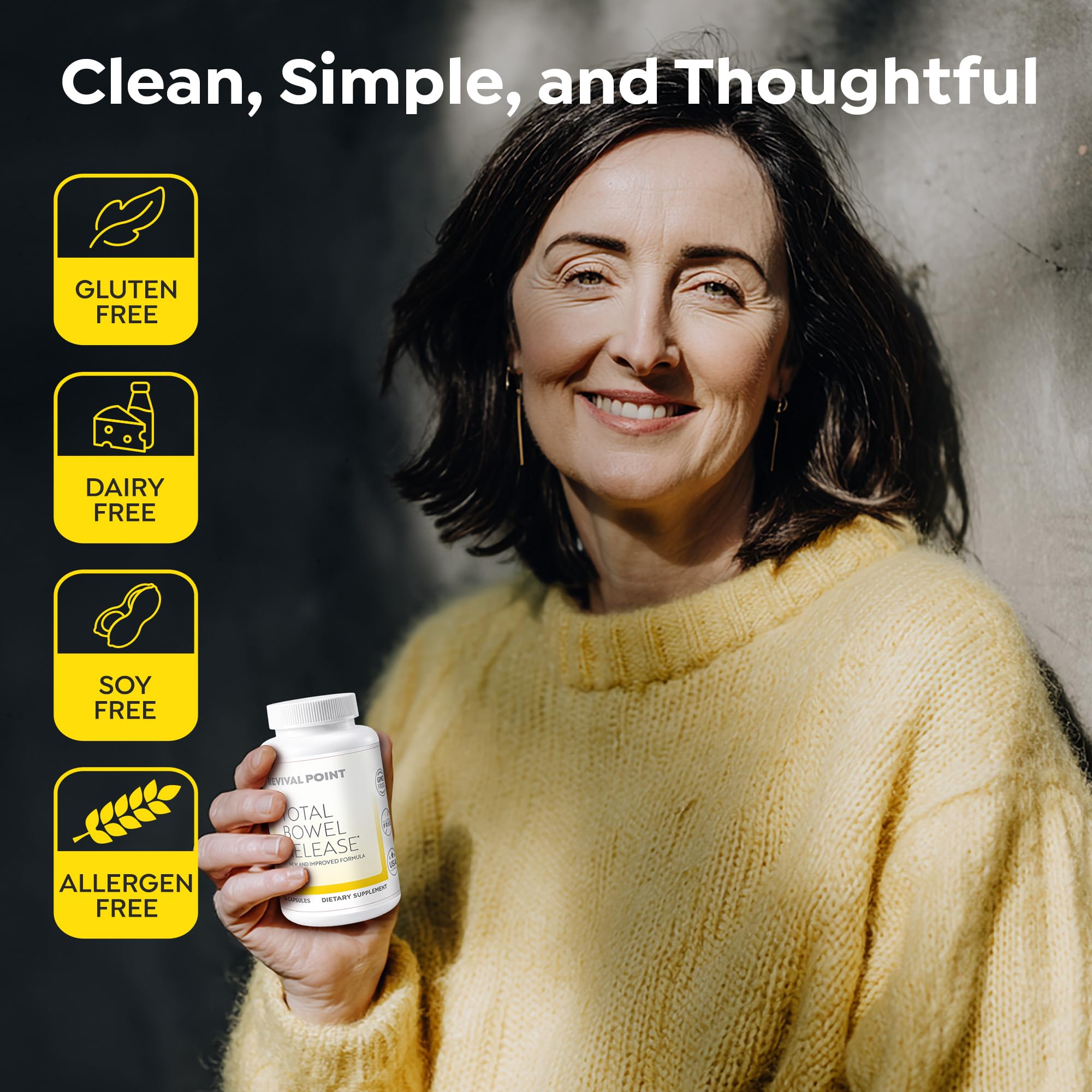 Revival Point Total Bowel Release supplement lifestyle shot with a glass of water