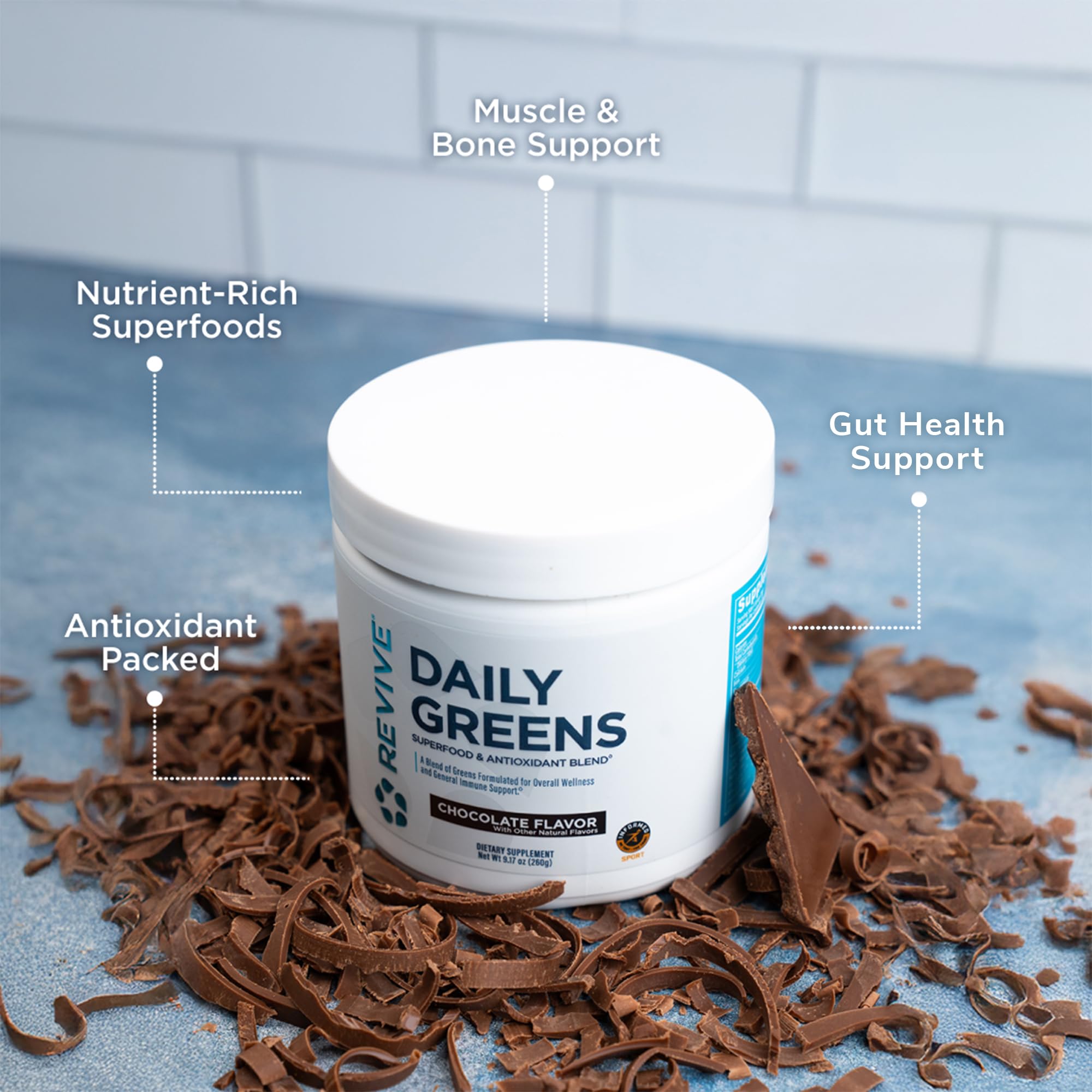 Revive Daily Greens Chocolate Supplement ingredients close-up
