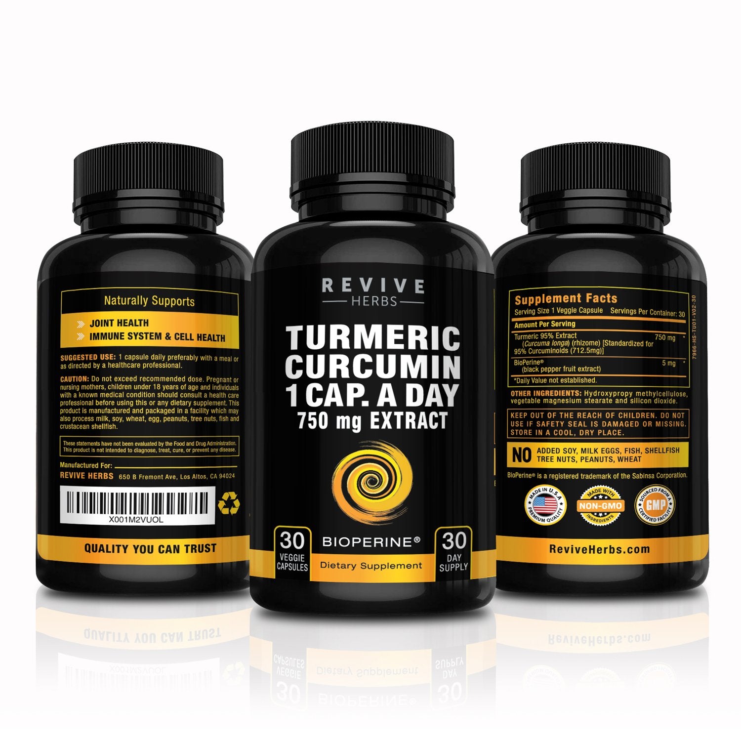 Revive Herbs Turmeric Curcumin 750mg capsules on a wooden table
