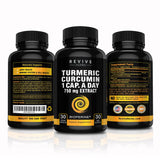 Revive Herbs Turmeric Curcumin 750mg capsules on a wooden table