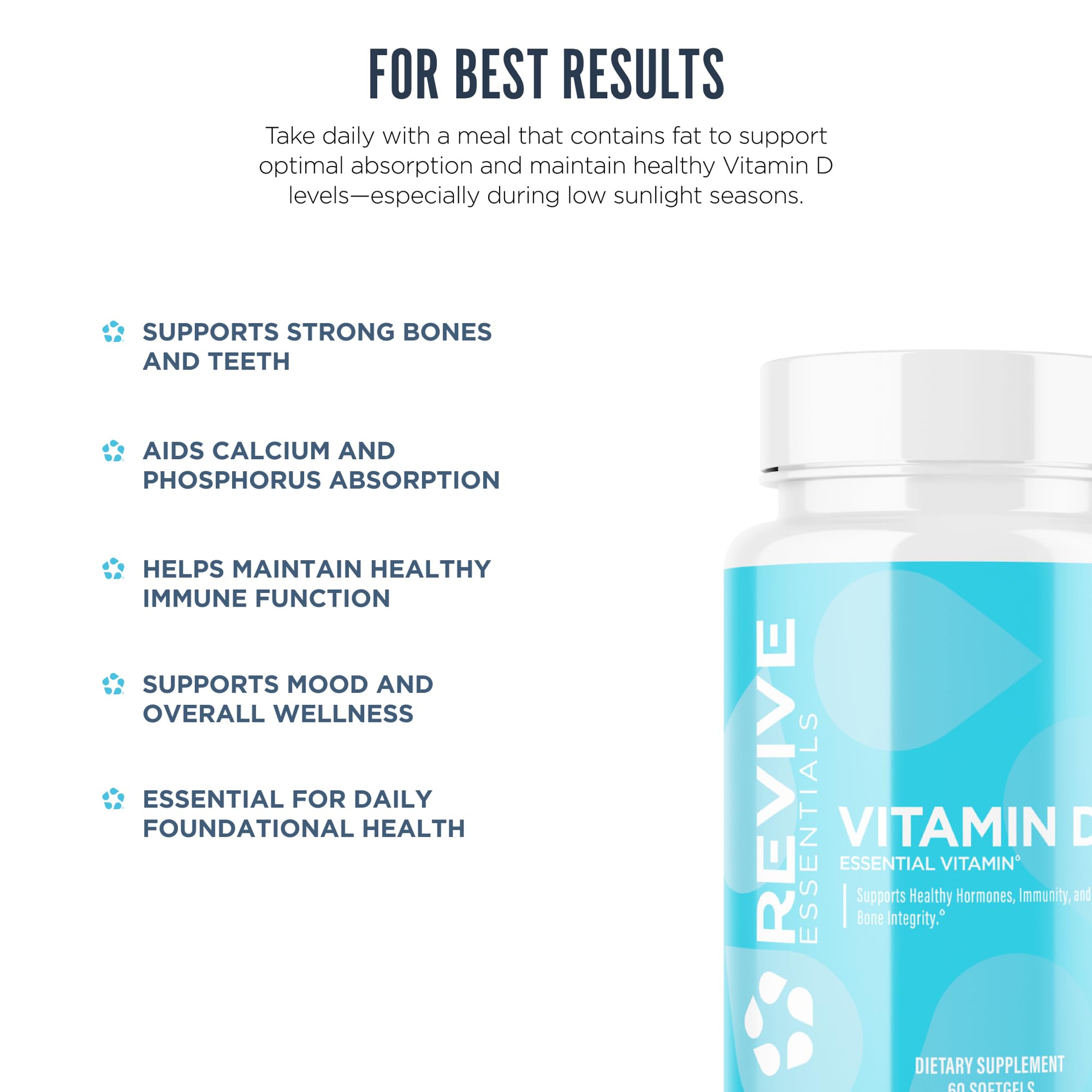 Revive Vitamin D3 5000IU softgels on a wooden table