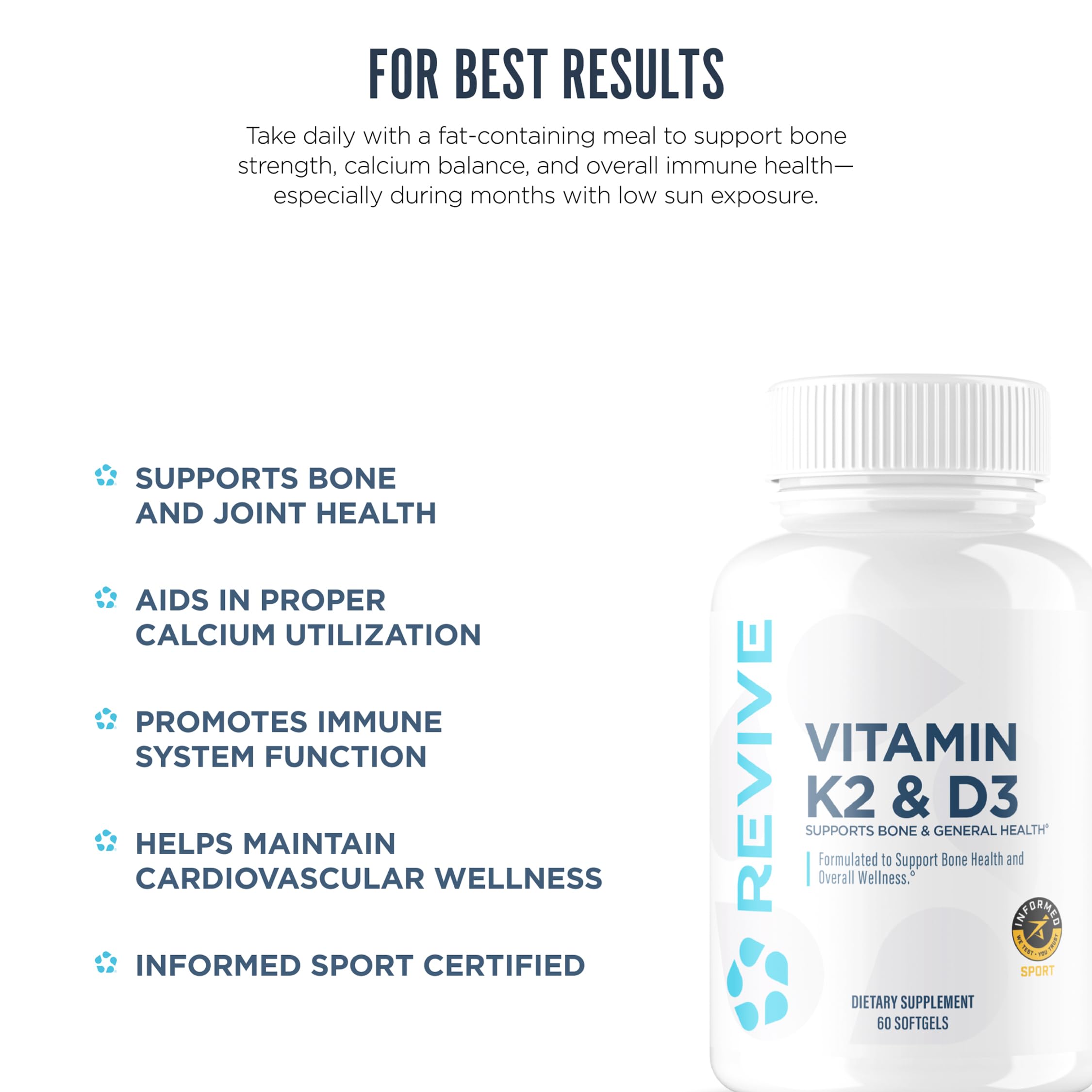 Revive Vitamin D3 & K2 softgels on a wooden table