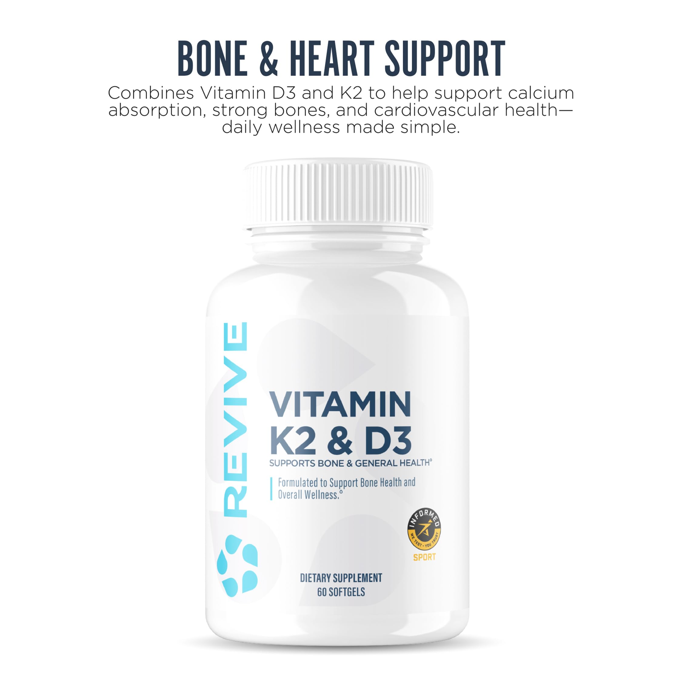 Revive Vitamin D3 & K2 softgels side view showing capsule