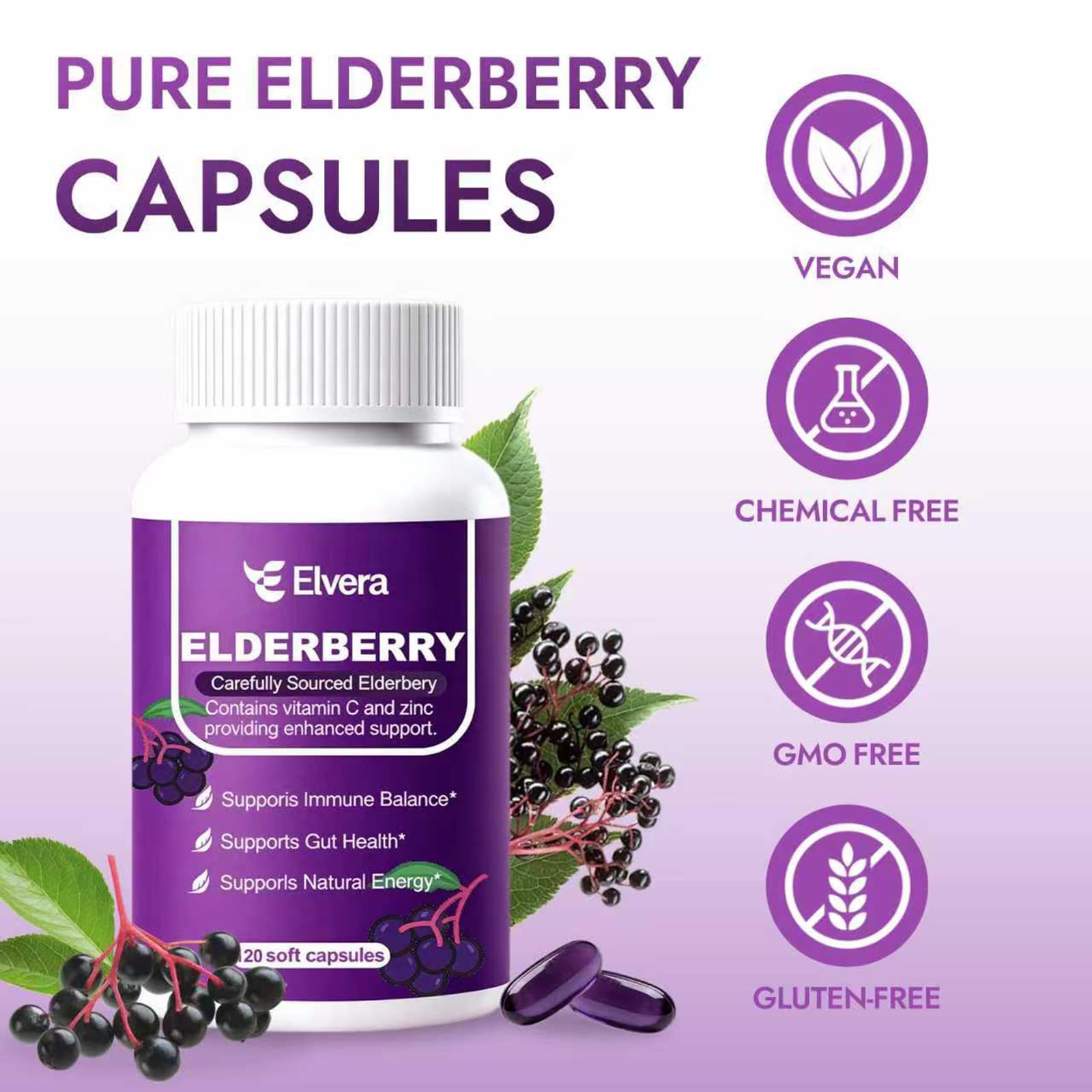ReviveNerve Elvera Elderberry Capsules on a wooden table