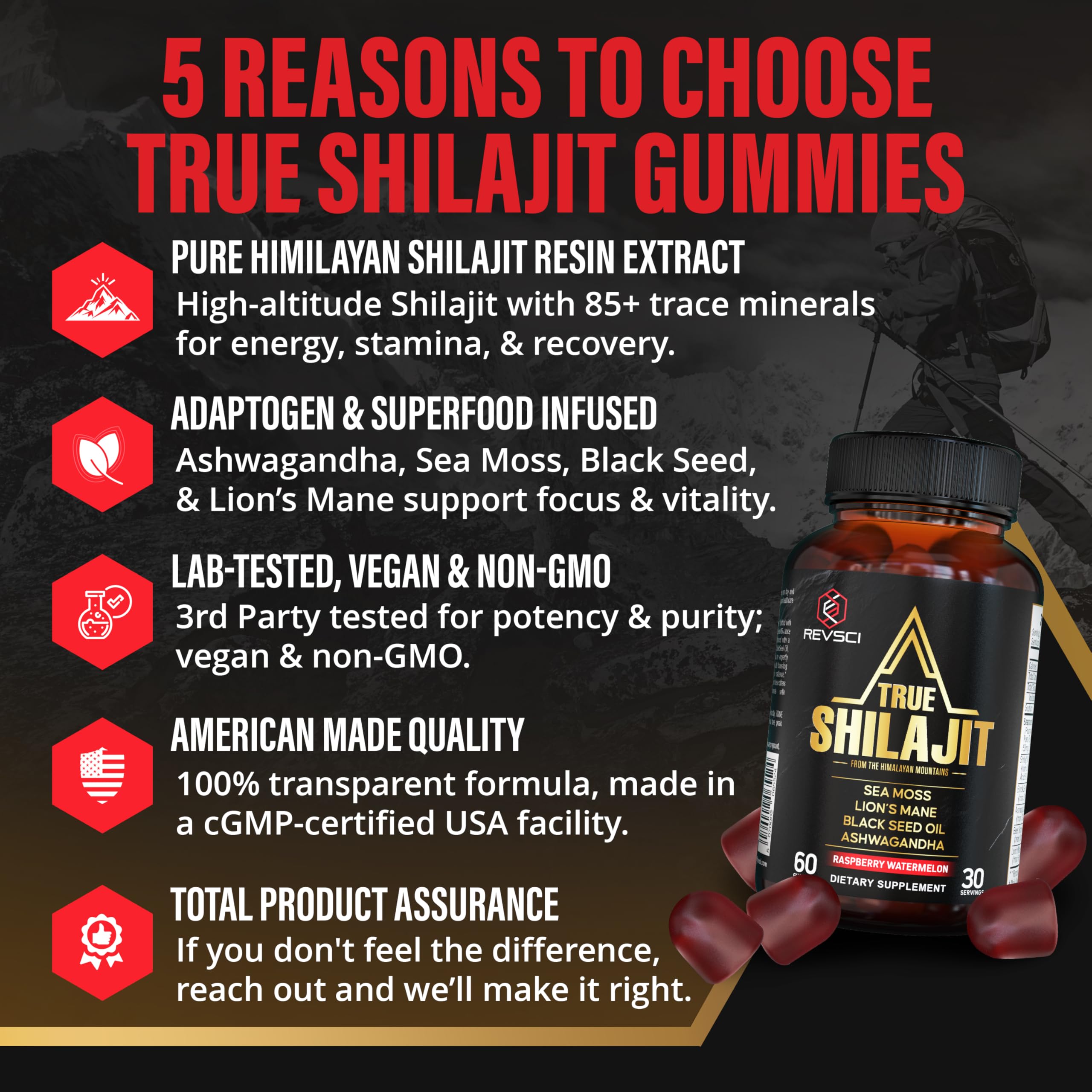 Revolution Science Shilajit Gummies side view with ingredients