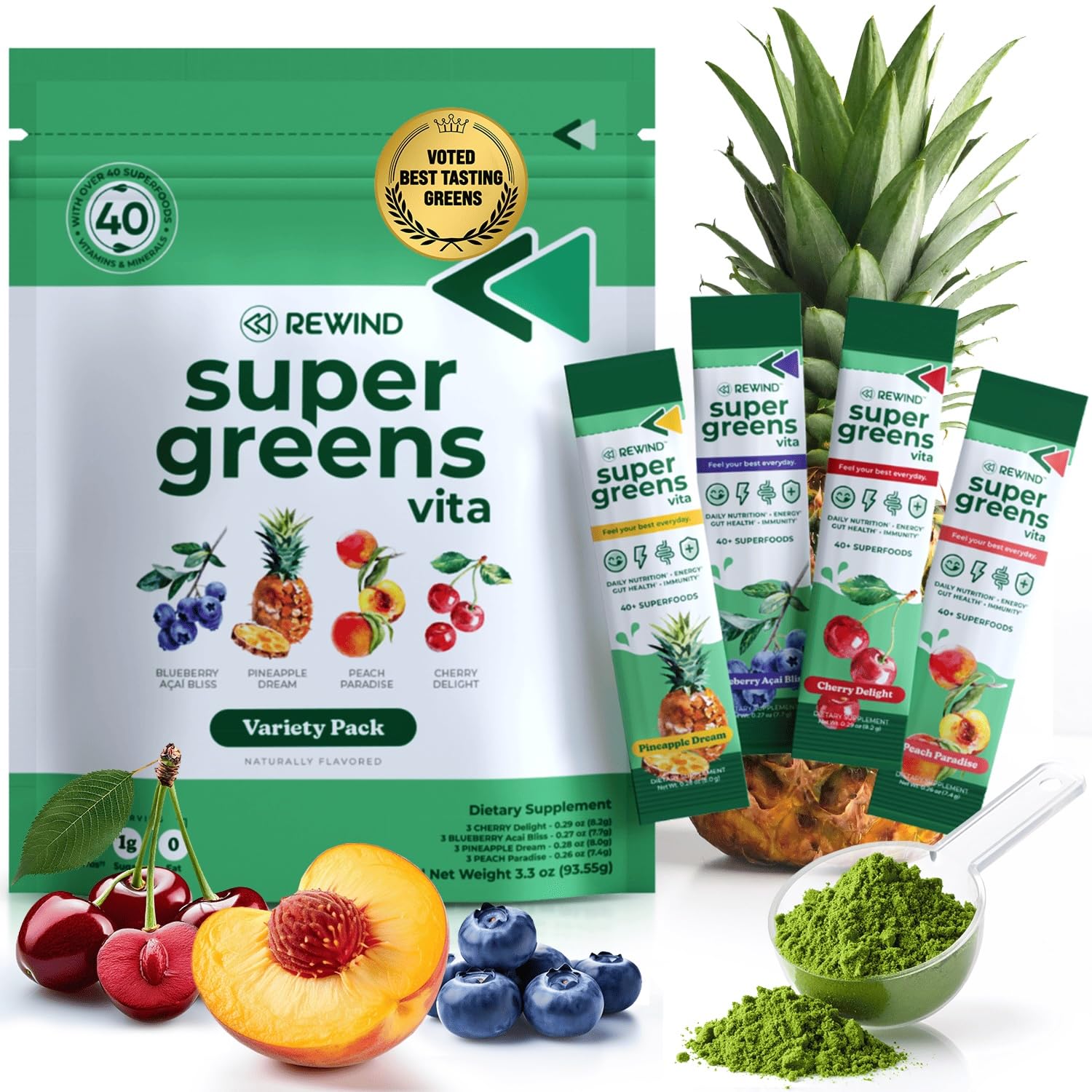 Rewind Daily Greens Superfood Powder sachets front view