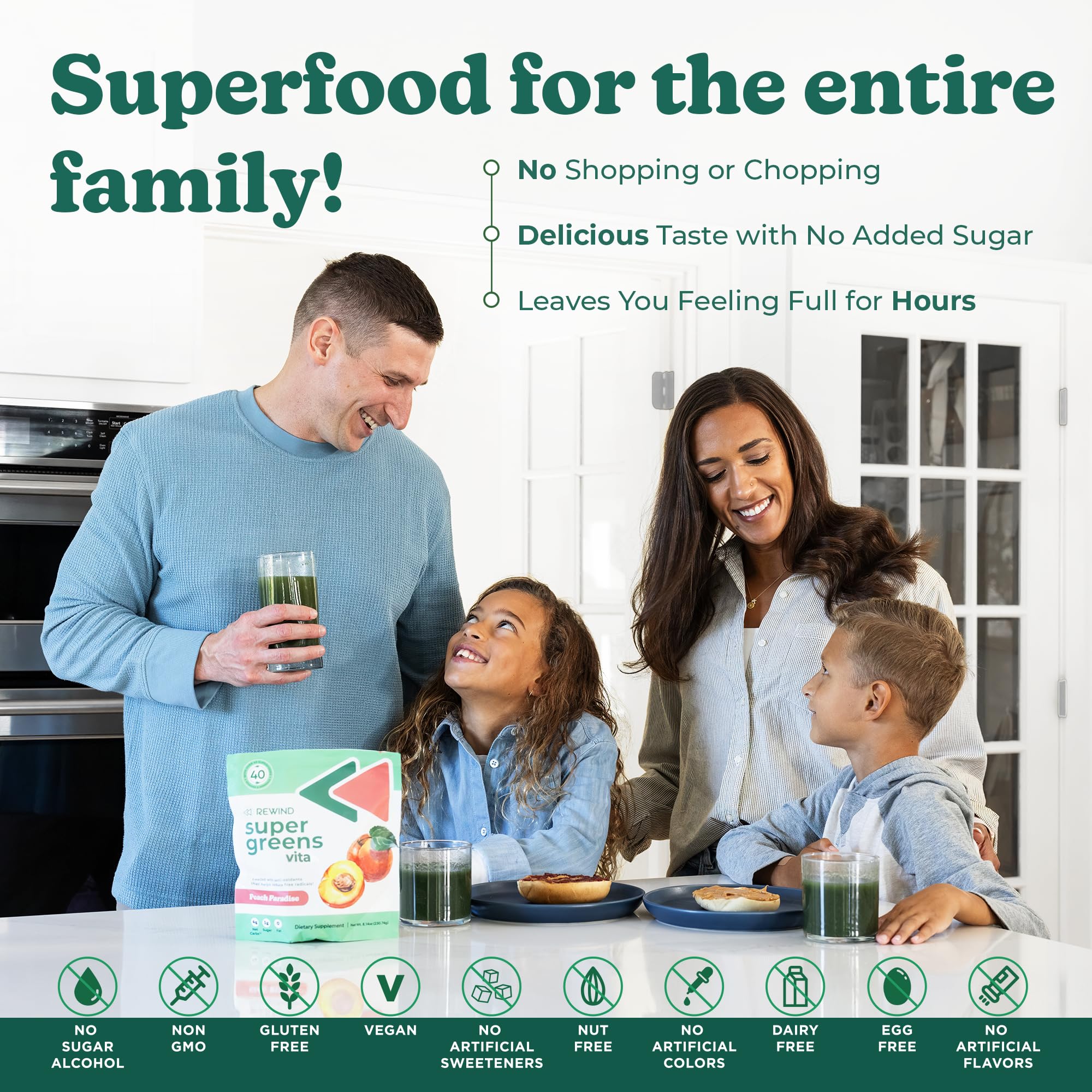 Rewind Daily Greens Superfood Powder sachets on a kitchen counter